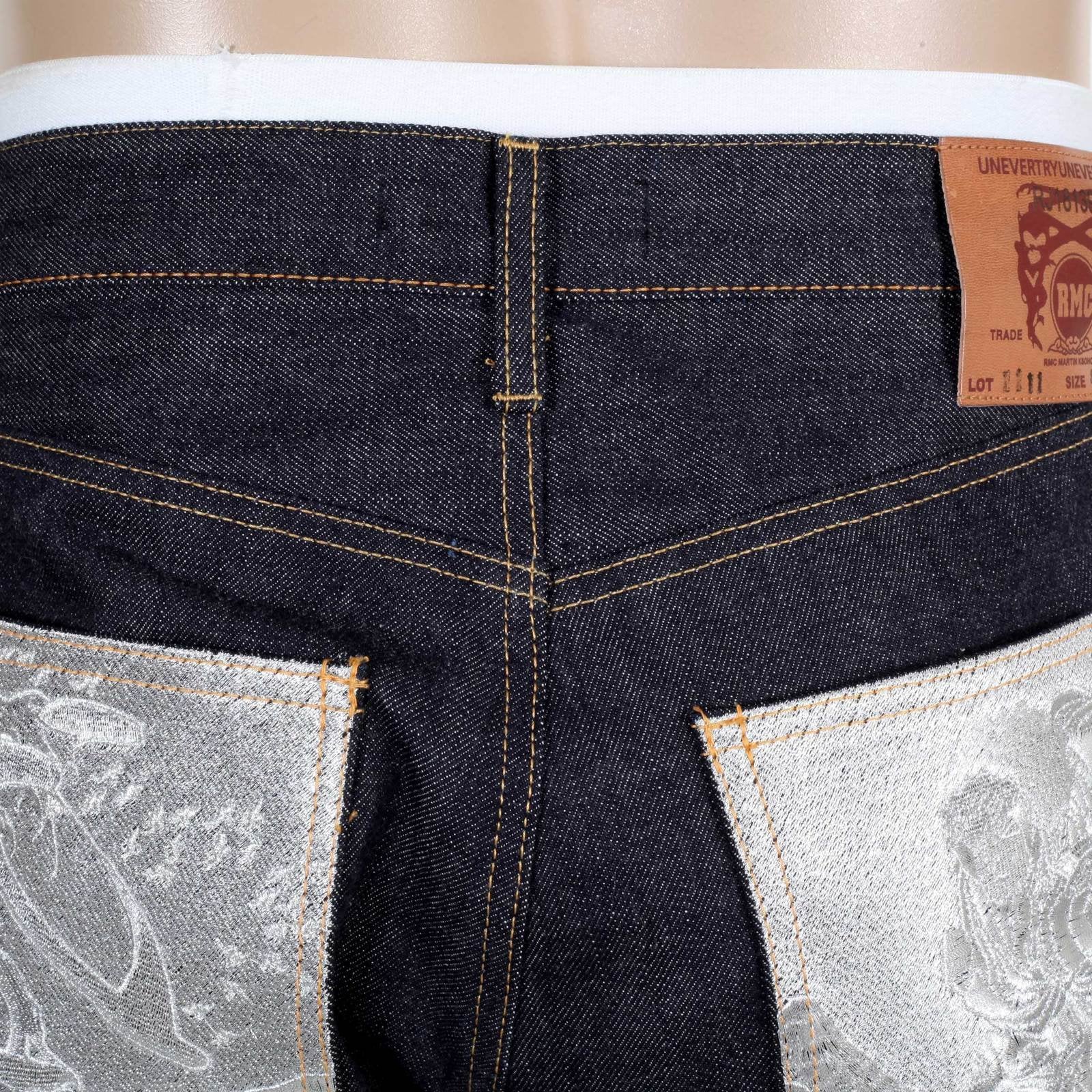 RMC MARTIN KSOHOH INDIGO SELVEDGE SLIM FIT 1111 MODEL EMBROIDERED SILVER BUSHI RAW DENIM JEANS RMC2772