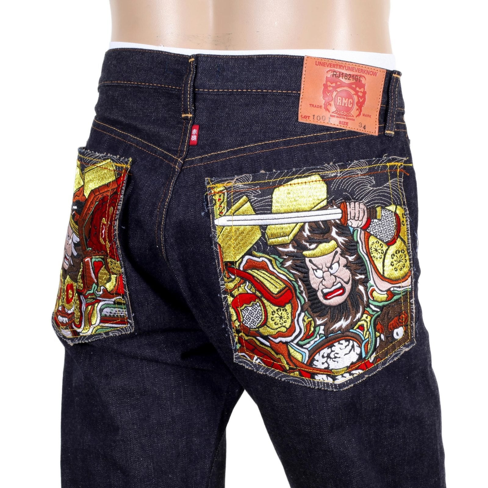 RMC MARTIN KSOHOH INDIGO GOLD EMBROIDERED WARRIORS SLIM MODEL JAPANESE SELVEDGE DENIM JEANS RMC1956