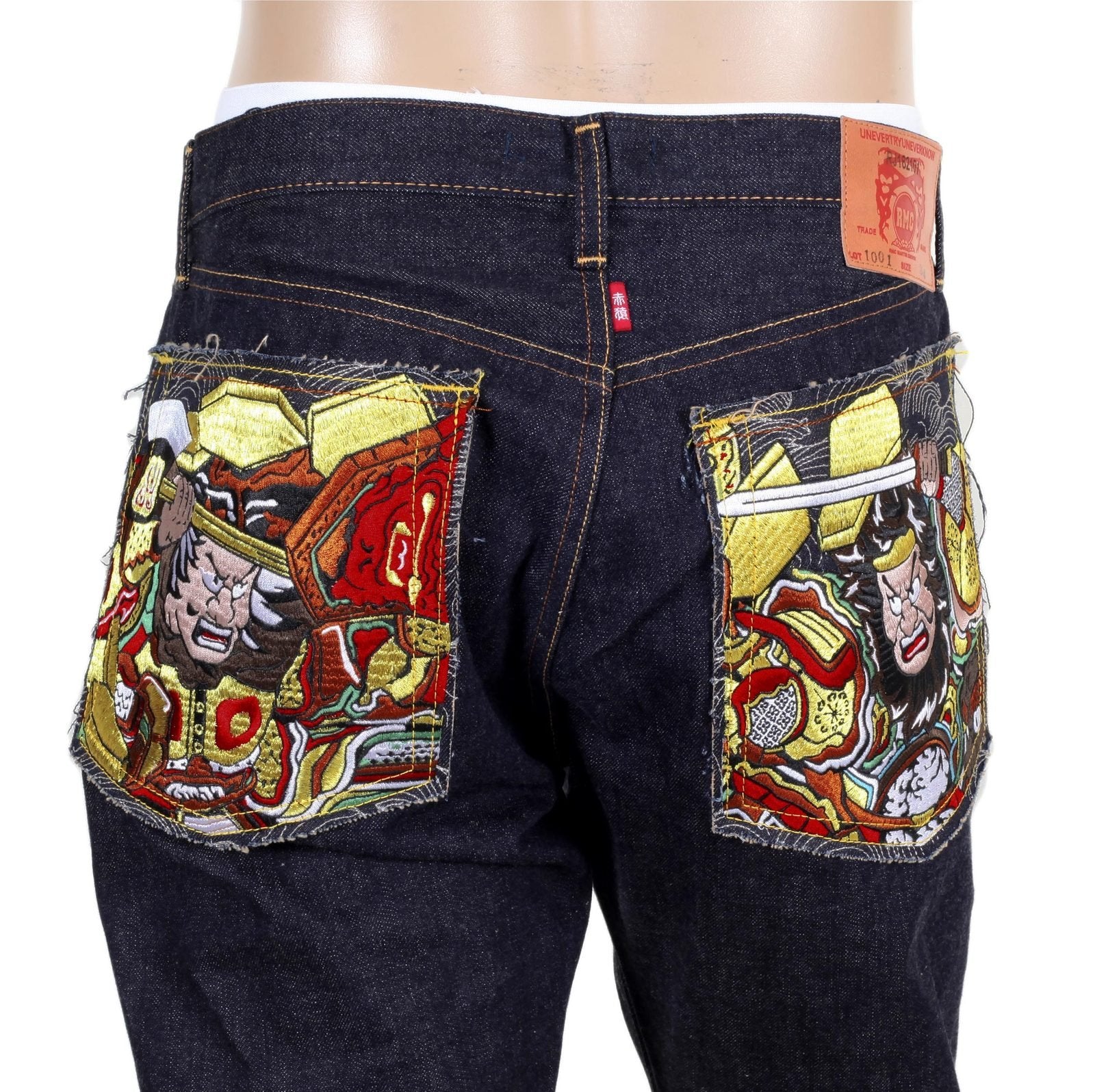 RMC MARTIN KSOHOH INDIGO GOLD EMBROIDERED WARRIORS SLIM MODEL JAPANESE SELVEDGE DENIM JEANS RMC1956