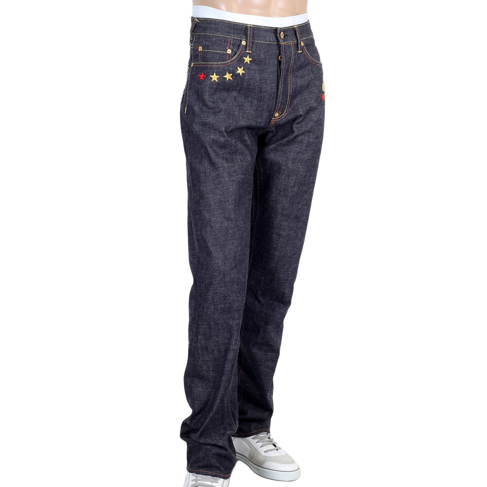 RMC JEANS MENS 4A V1 JAPANESE SELVEDGE SLIM INDIGO RAW DENIM JEANS WITH GOLD 4A EMBROIDERED BACK POCKETS RMC1919