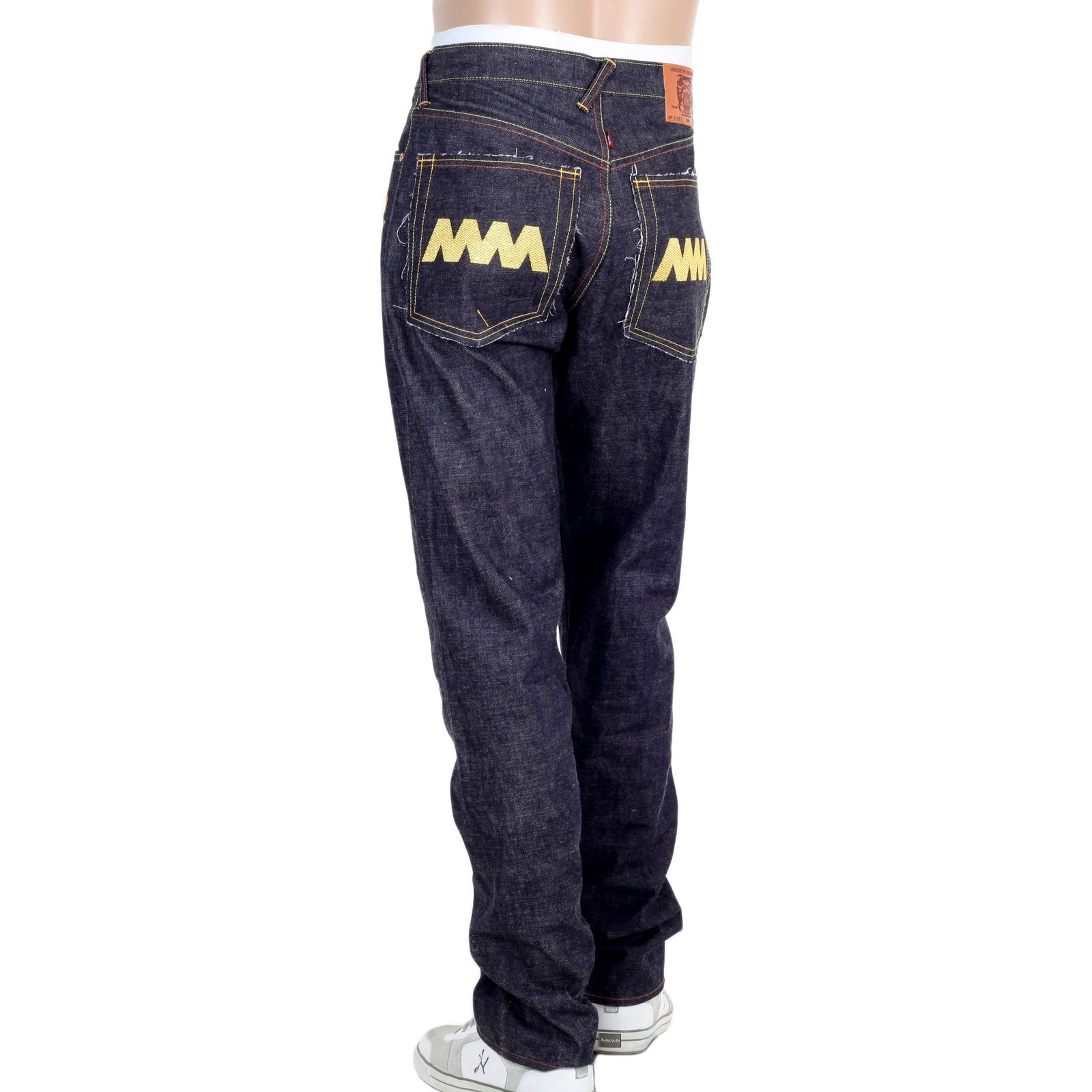 RMC JEANS MENS 4A V1 JAPANESE SELVEDGE SLIM INDIGO RAW DENIM JEANS WITH GOLD 4A EMBROIDERED BACK POCKETS RMC1919