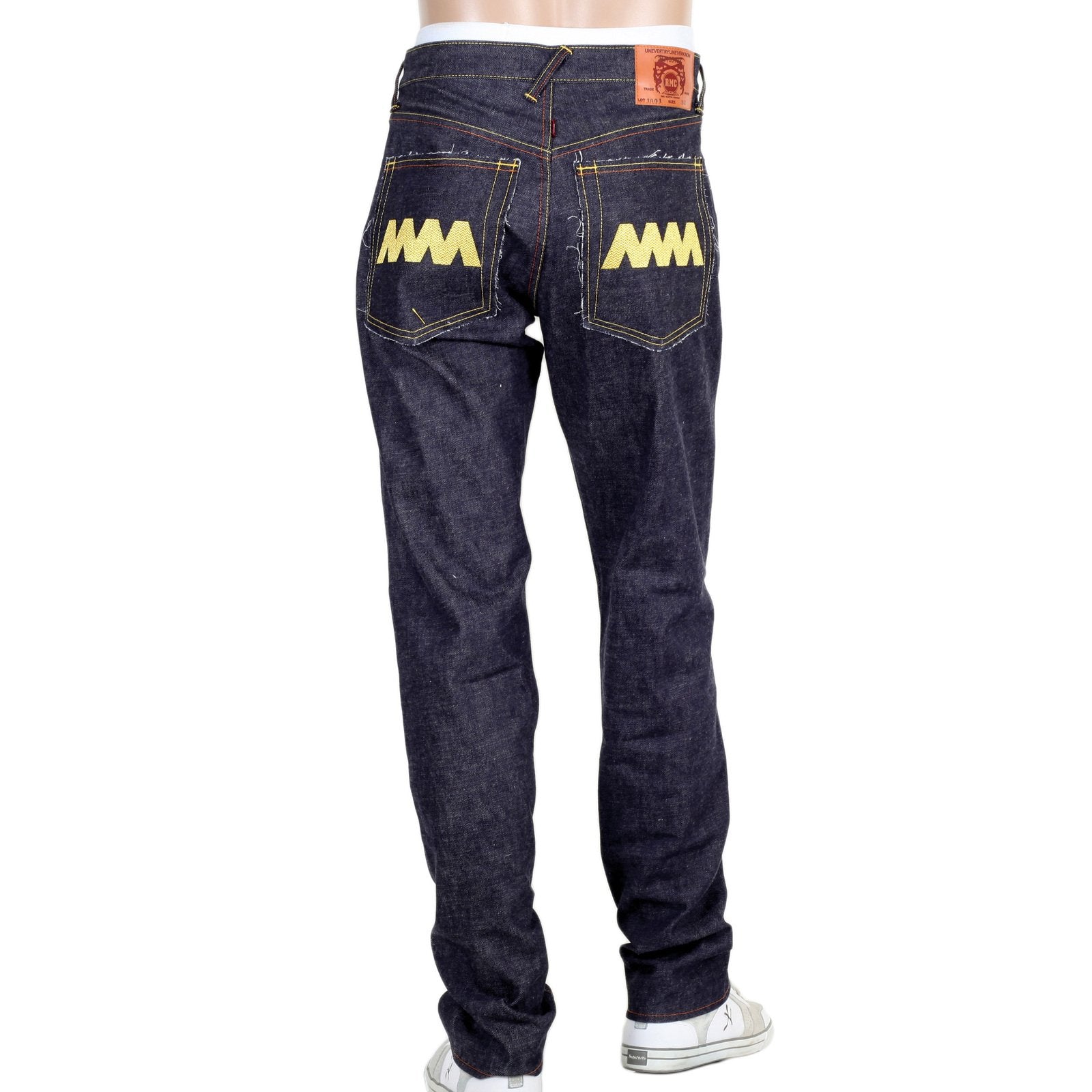 RMC JEANS MENS 4A V1 JAPANESE SELVEDGE SLIM INDIGO RAW DENIM JEANS WITH GOLD 4A EMBROIDERED BACK POCKETS RMC1919