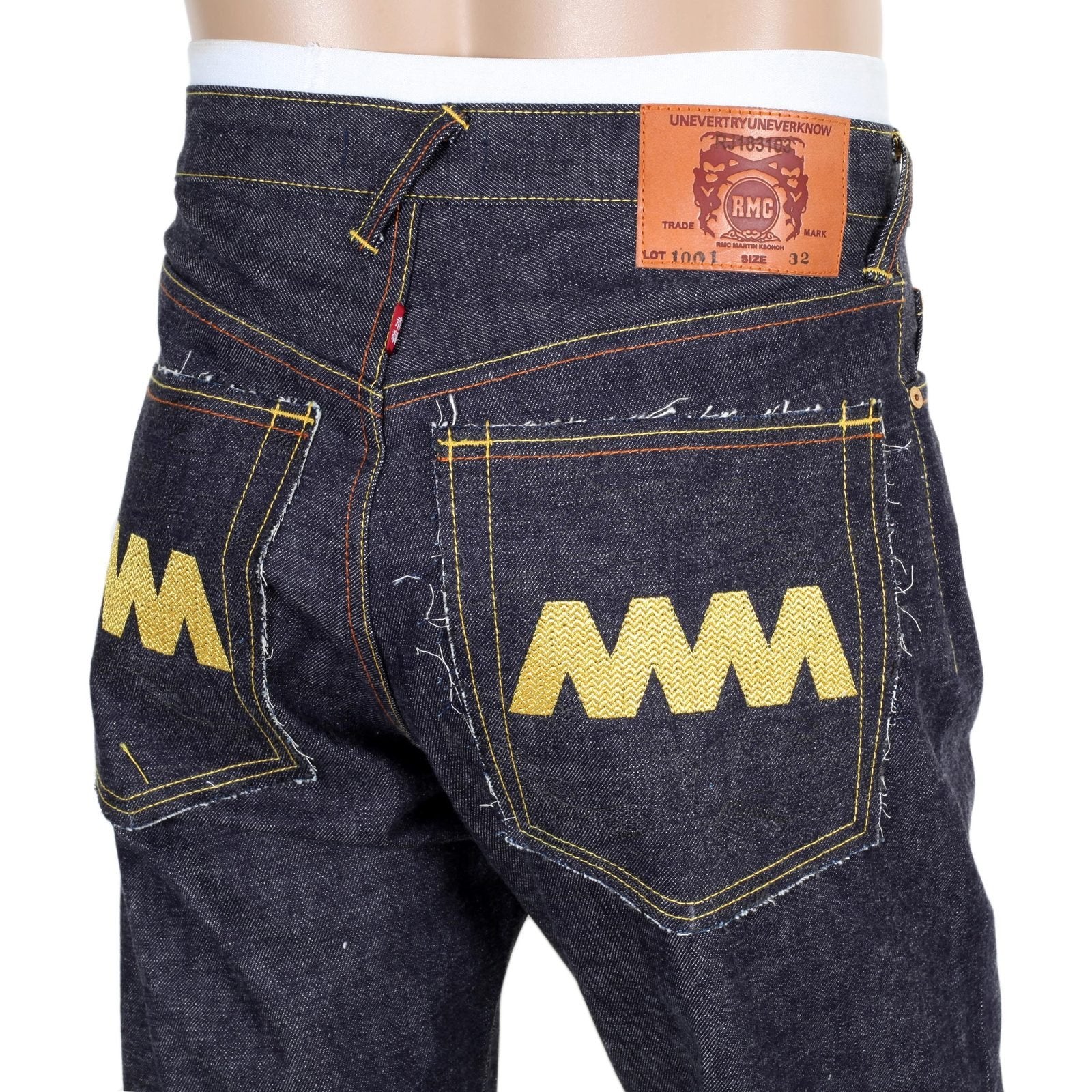 RMC JEANS MENS 4A V1 JAPANESE SELVEDGE SLIM INDIGO RAW DENIM JEANS WITH GOLD 4A EMBROIDERED BACK POCKETS RMC1919