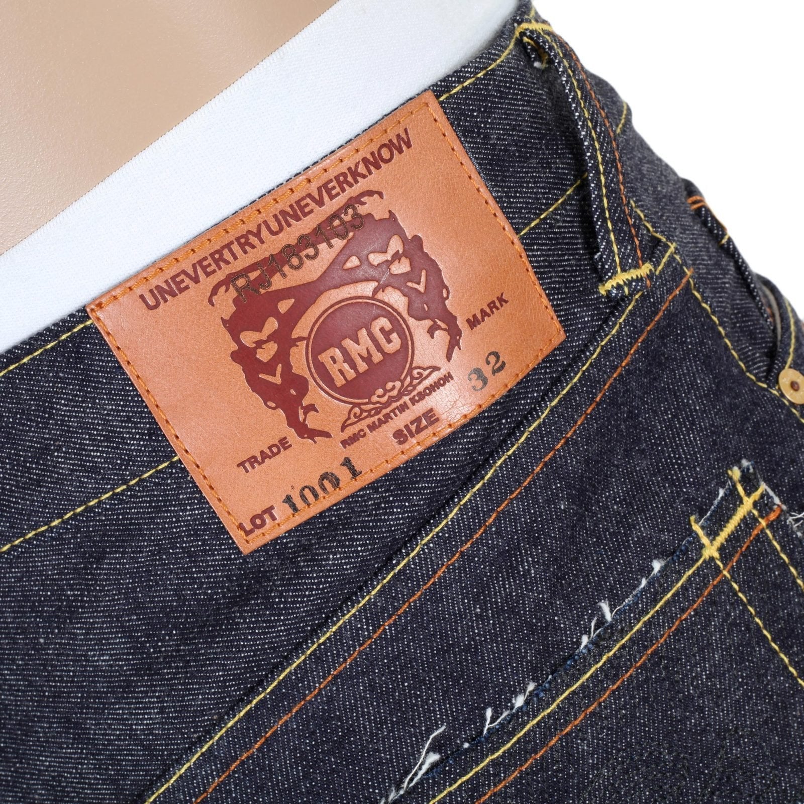 RMC JEANS MENS 4A V1 JAPANESE SELVEDGE SLIM INDIGO RAW DENIM JEANS WITH GOLD 4A EMBROIDERED BACK POCKETS RMC1919