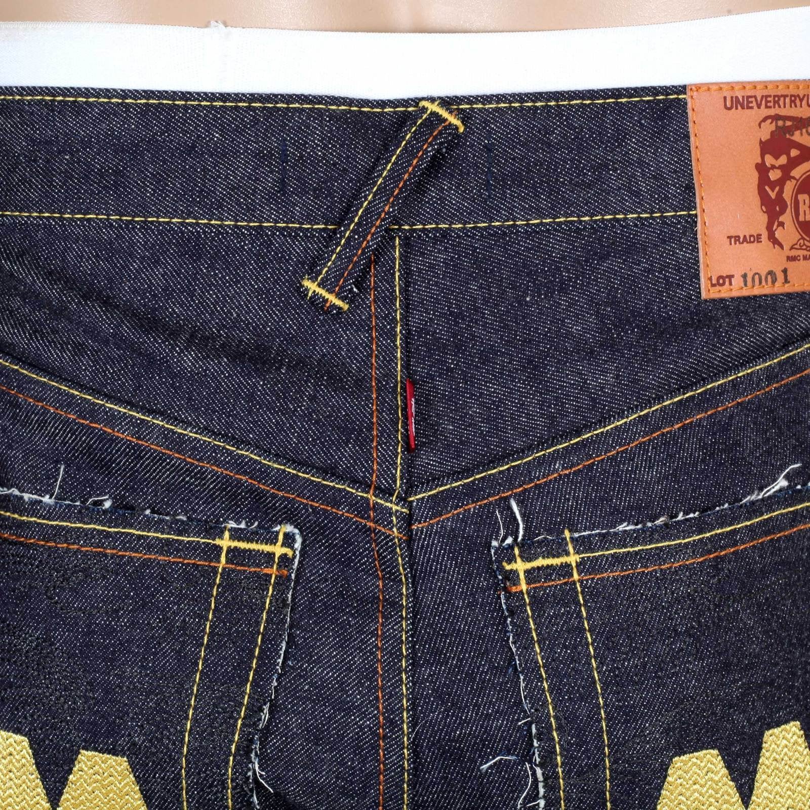 RMC JEANS MENS 4A V1 JAPANESE SELVEDGE SLIM INDIGO RAW DENIM JEANS WITH GOLD 4A EMBROIDERED BACK POCKETS RMC1919