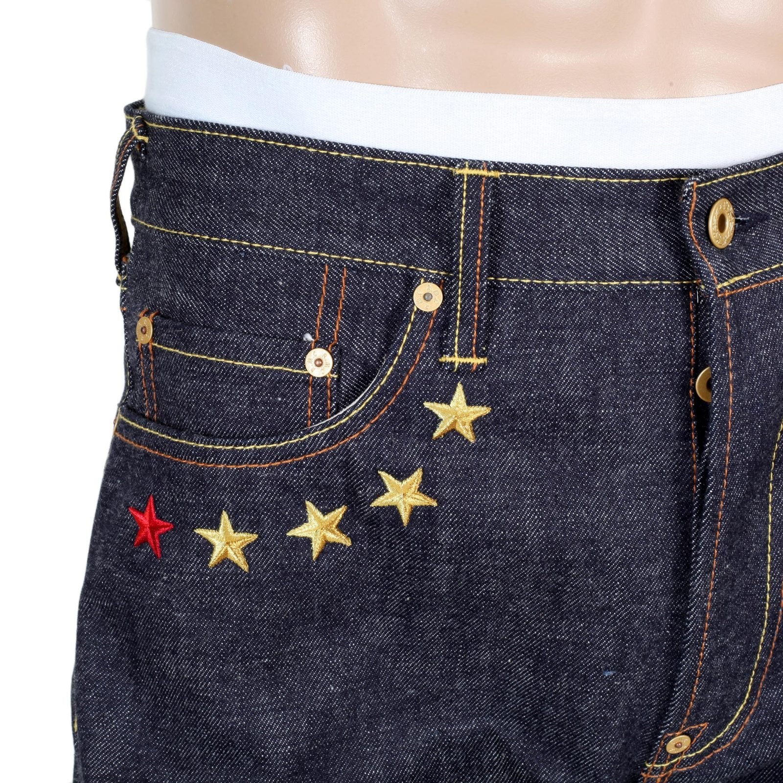 RMC JEANS MENS 4A V1 JAPANESE SELVEDGE SLIM INDIGO RAW DENIM JEANS WITH GOLD 4A EMBROIDERED BACK POCKETS RMC1919