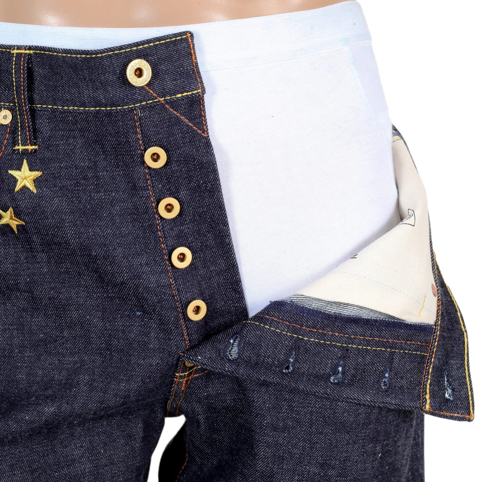 RMC JEANS MENS 4A V1 JAPANESE SELVEDGE SLIM INDIGO RAW DENIM JEANS WITH GOLD 4A EMBROIDERED BACK POCKETS RMC1919