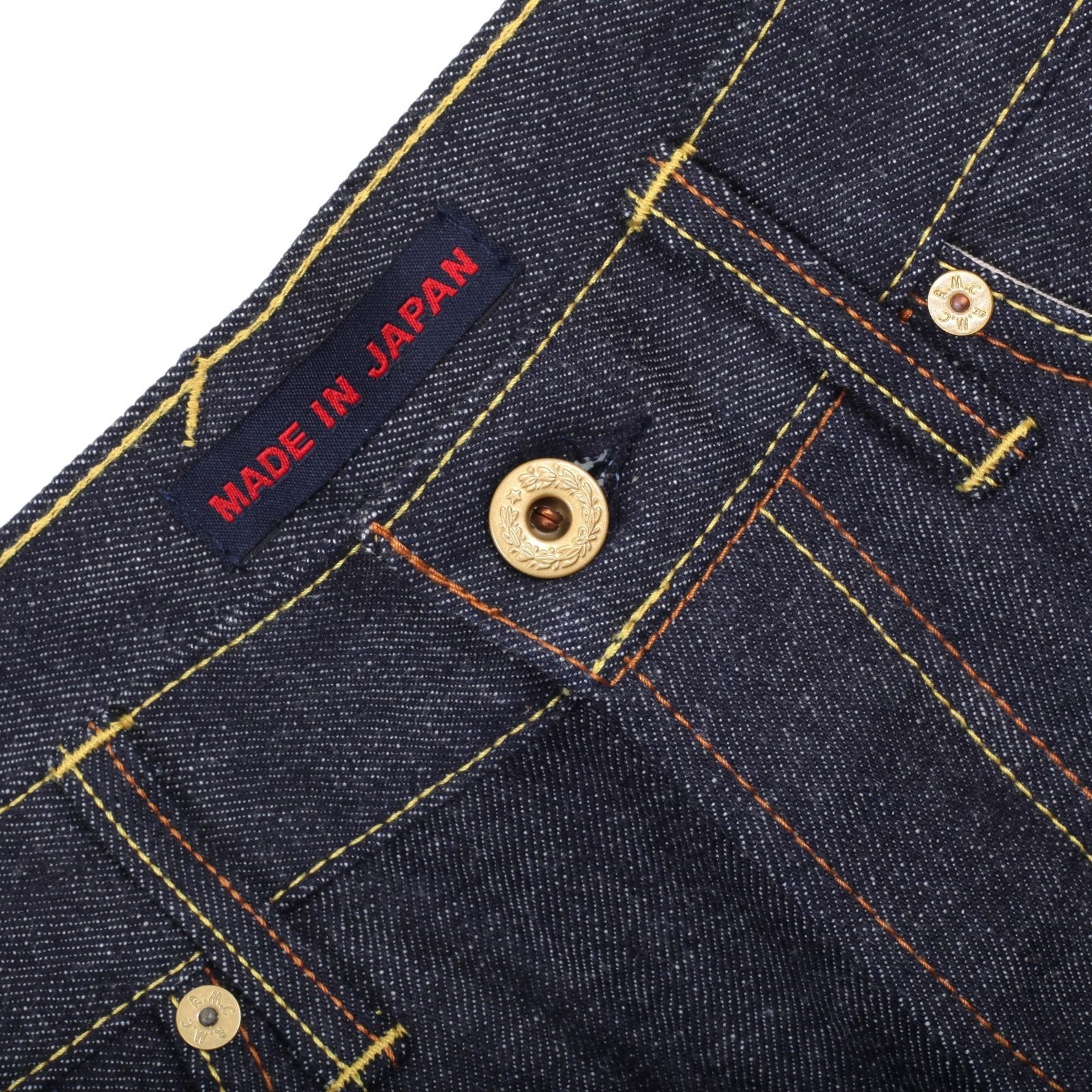 RMC JEANS MENS 4A V1 JAPANESE SELVEDGE SLIM INDIGO RAW DENIM JEANS WITH GOLD 4A EMBROIDERED BACK POCKETS RMC1919