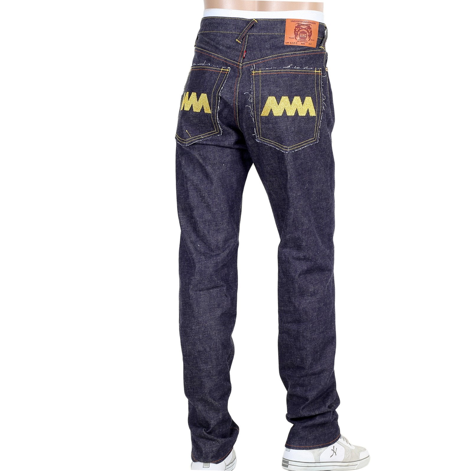 RMC JEANS MENS 4A V1 JAPANESE SELVEDGE SLIM INDIGO RAW DENIM JEANS WITH GOLD 4A EMBROIDERED BACK POCKETS RMC1919