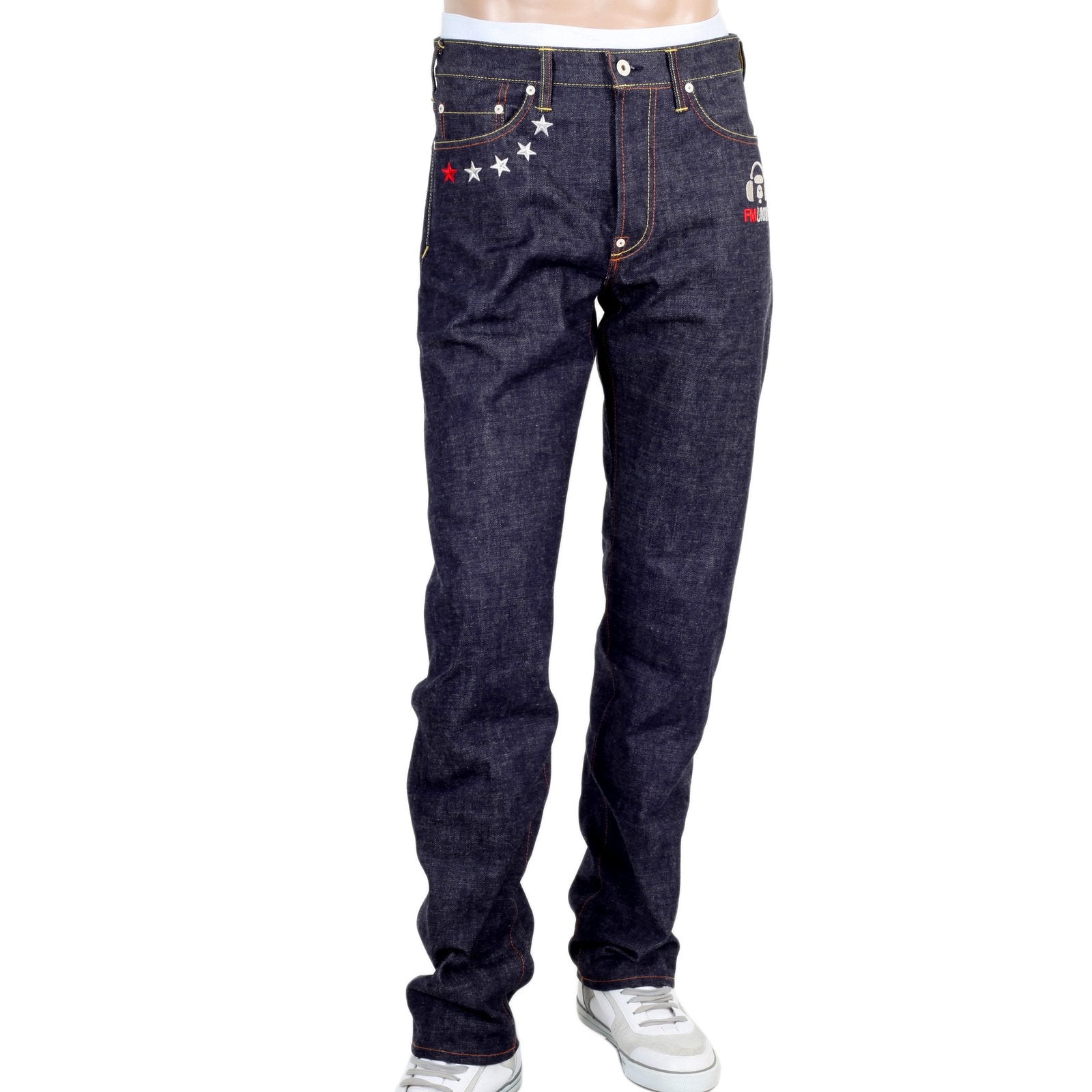 RMC JEANS MENS JAPANESE SELVEDGE 4A V1 SLIM INDIGO RAW DENIM JEANS WITH SILVER 4A EMBROIDERED BACK POCKETS RMC1920