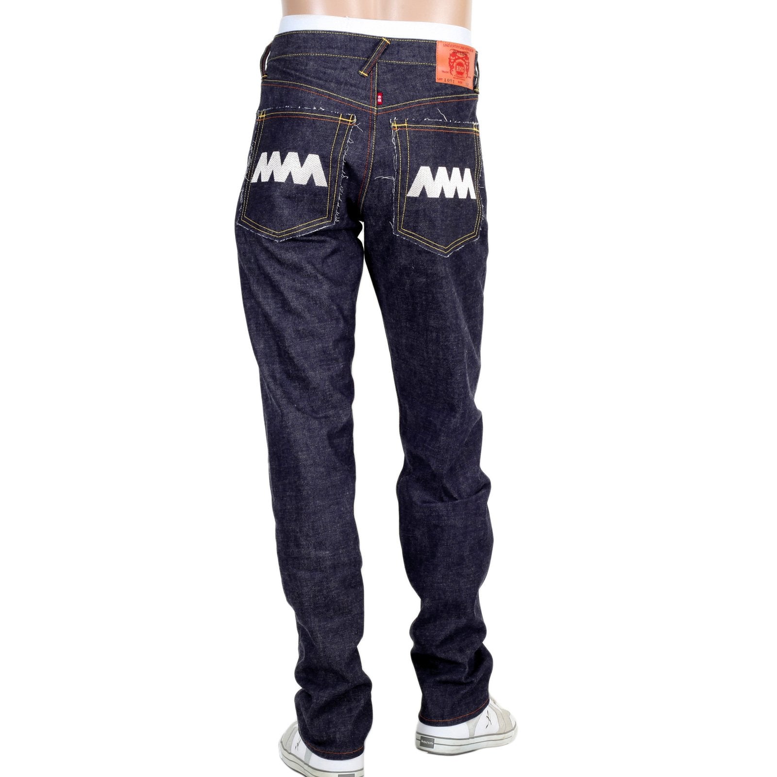 RMC JEANS MENS JAPANESE SELVEDGE 4A V1 SLIM INDIGO RAW DENIM JEANS WITH SILVER 4A EMBROIDERED BACK POCKETS RMC1920