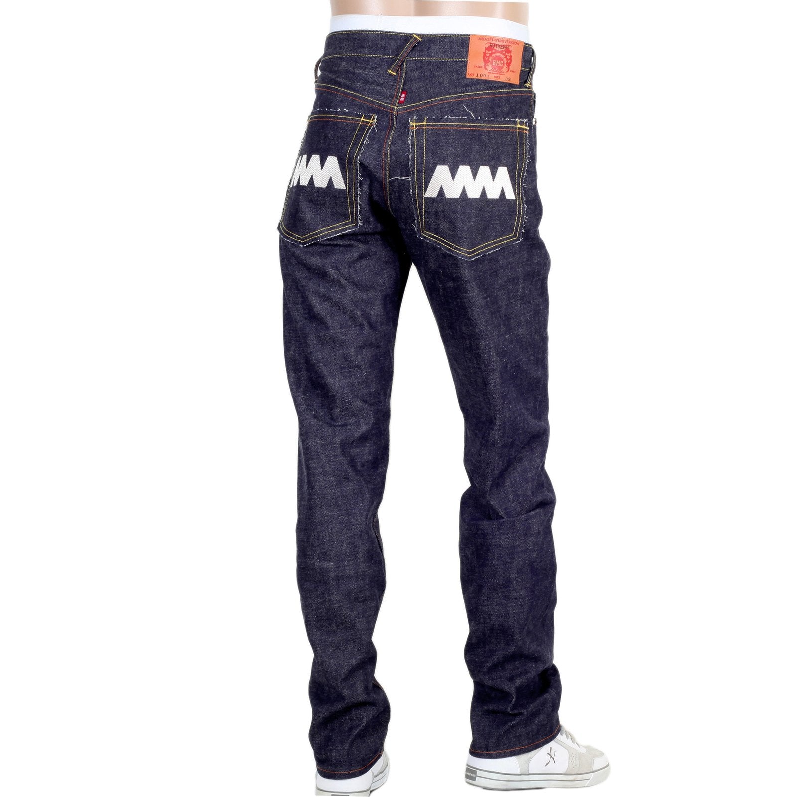 RMC JEANS MENS JAPANESE SELVEDGE 4A V1 SLIM INDIGO RAW DENIM JEANS WITH SILVER 4A EMBROIDERED BACK POCKETS RMC1920