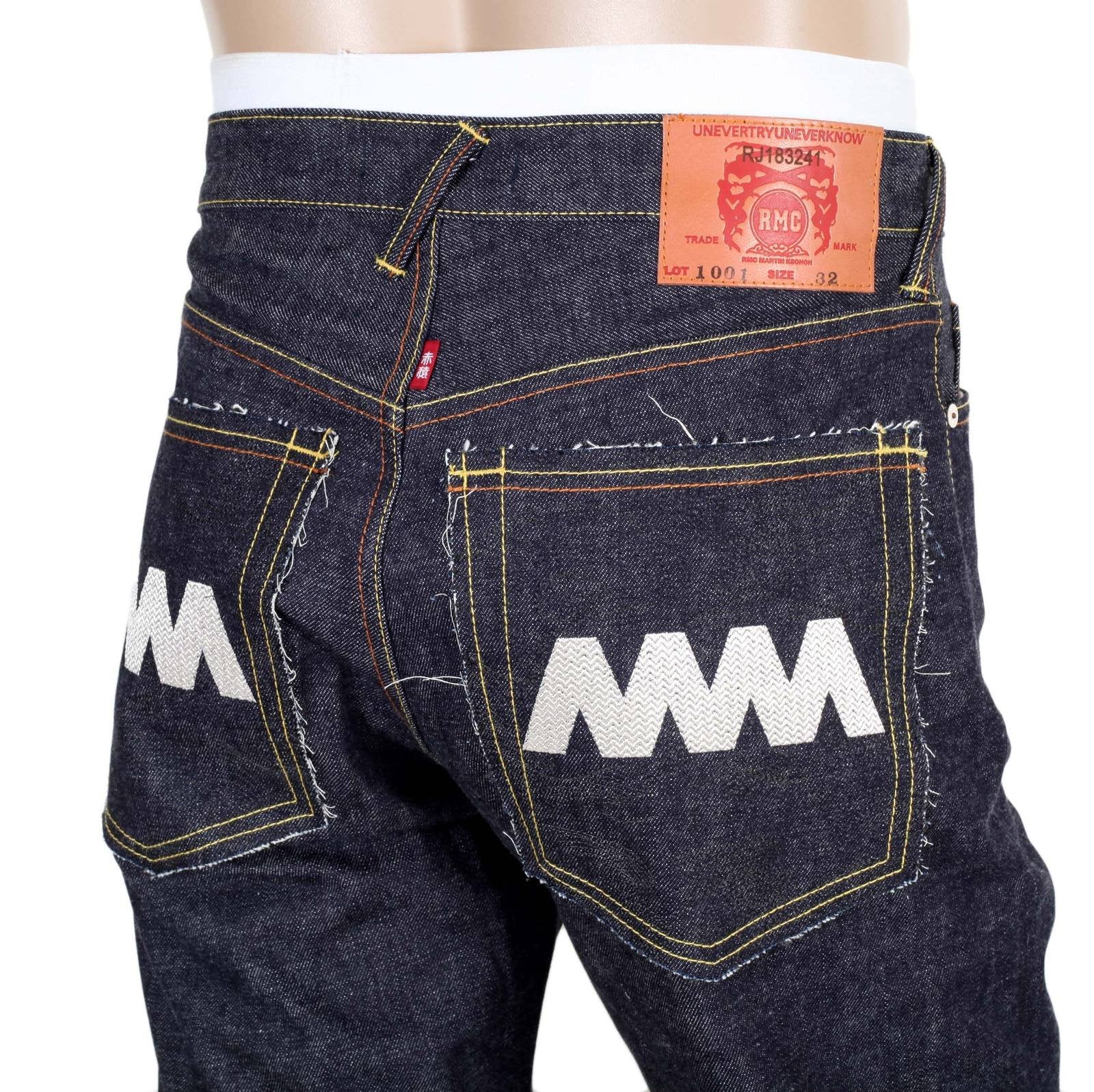 RMC JEANS MENS JAPANESE SELVEDGE 4A V1 SLIM INDIGO RAW DENIM JEANS WITH SILVER 4A EMBROIDERED BACK POCKETS RMC1920
