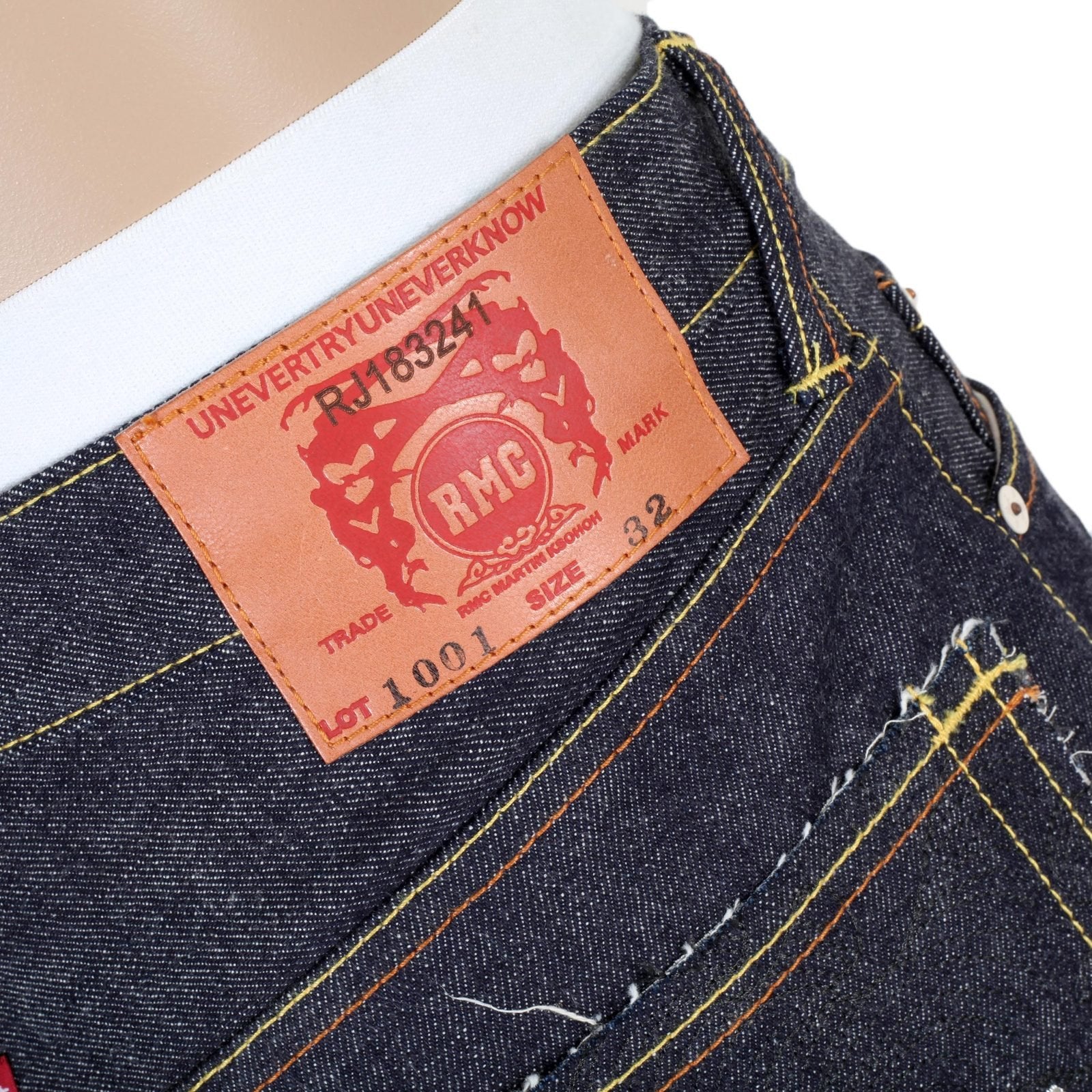 RMC JEANS MENS JAPANESE SELVEDGE 4A V1 SLIM INDIGO RAW DENIM JEANS WITH SILVER 4A EMBROIDERED BACK POCKETS RMC1920