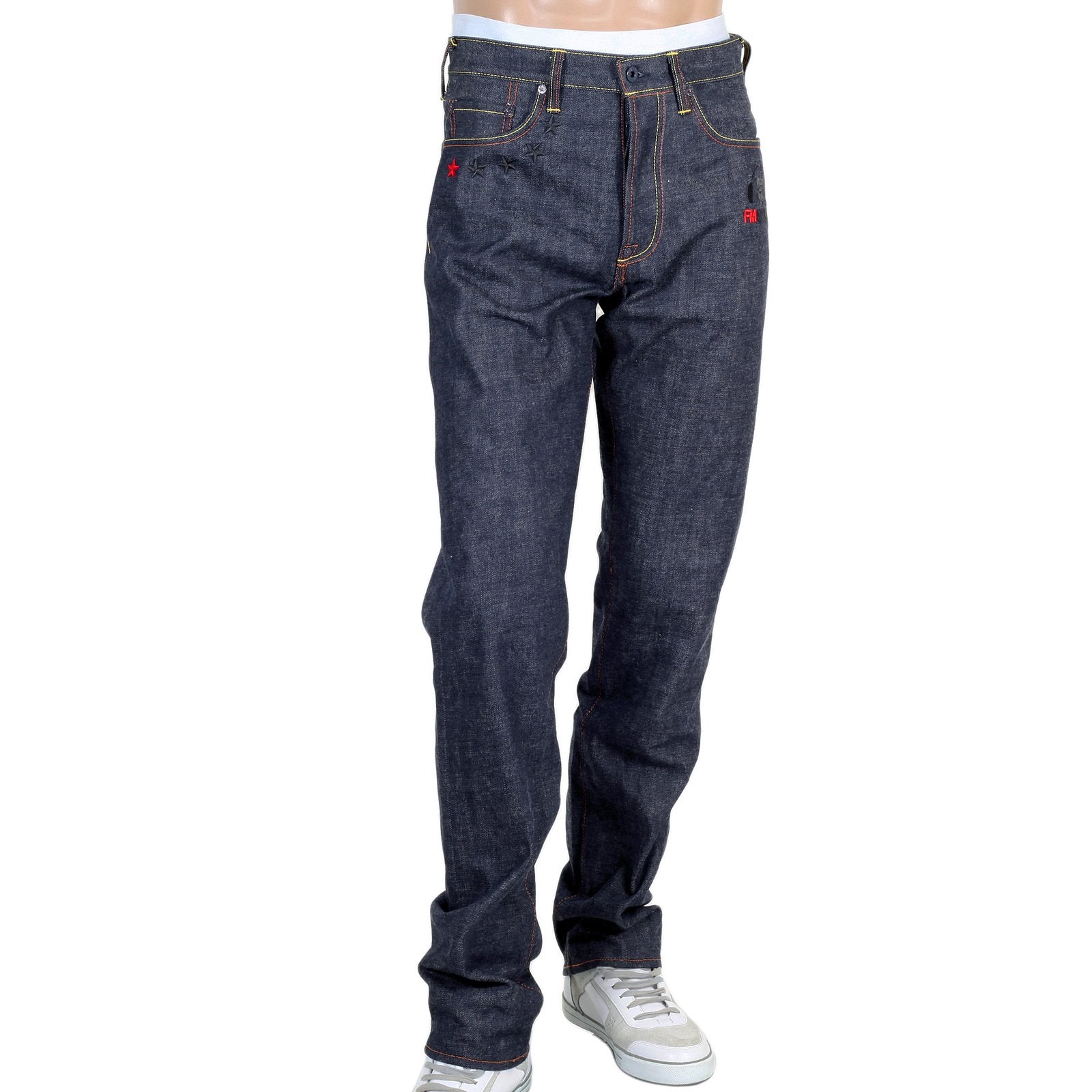 RMC JEANS MENS JAPANESE SELVEDGE 4A V1 SLIM INDIGO RAW DENIM JEANS WITH BLACK 4A EMBROIDERED BACK POCKETS RMC1921