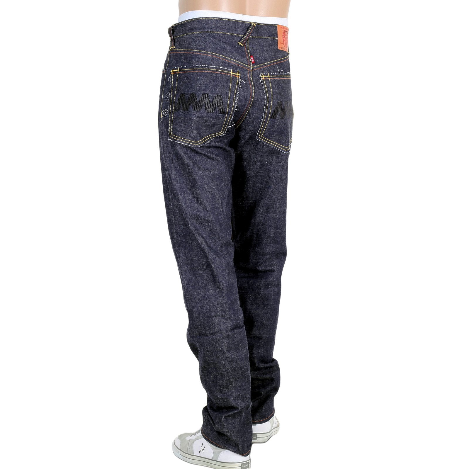 RMC JEANS MENS JAPANESE SELVEDGE 4A V1 SLIM INDIGO RAW DENIM JEANS WITH BLACK 4A EMBROIDERED BACK POCKETS RMC1921