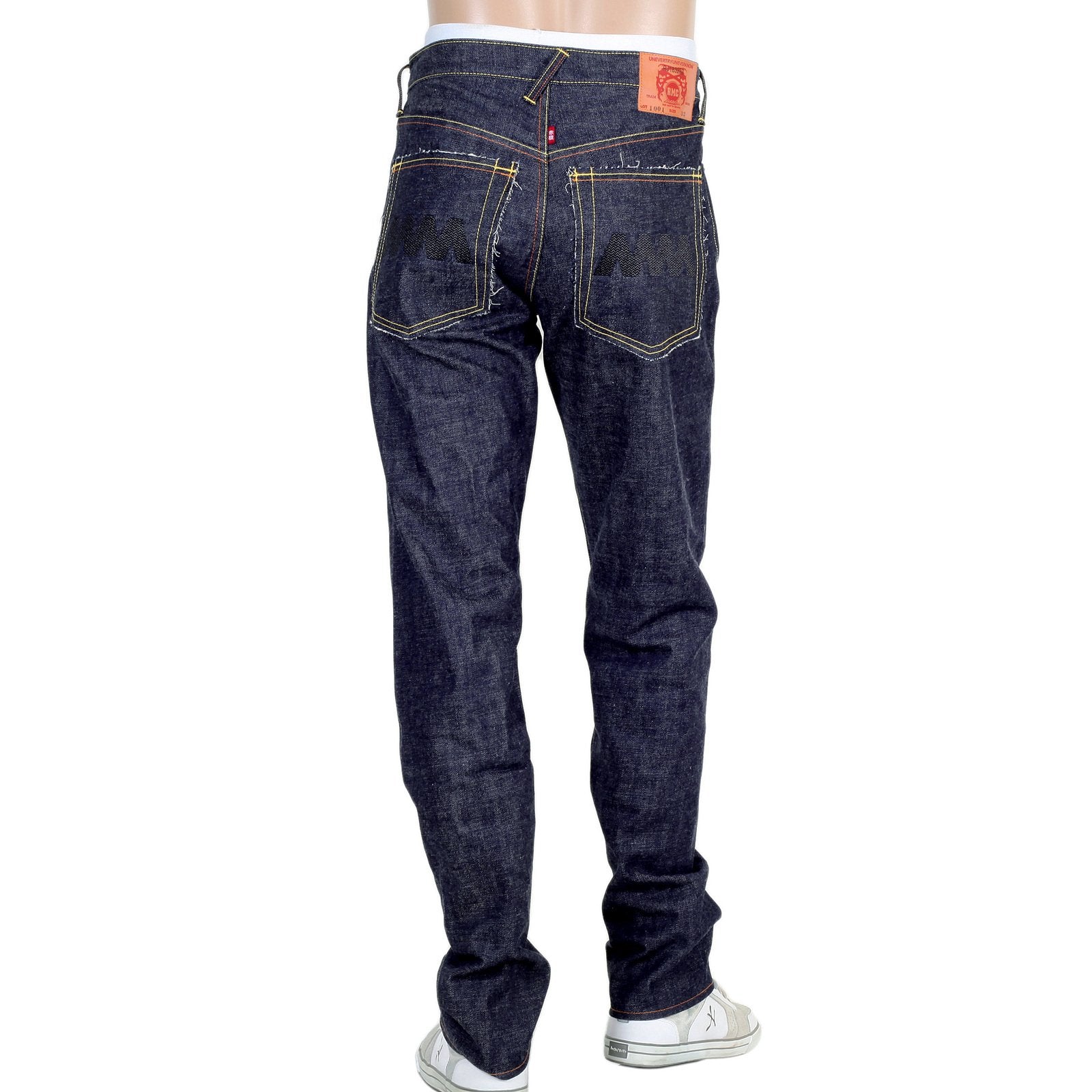 RMC JEANS MENS JAPANESE SELVEDGE 4A V1 SLIM INDIGO RAW DENIM JEANS WITH BLACK 4A EMBROIDERED BACK POCKETS RMC1921