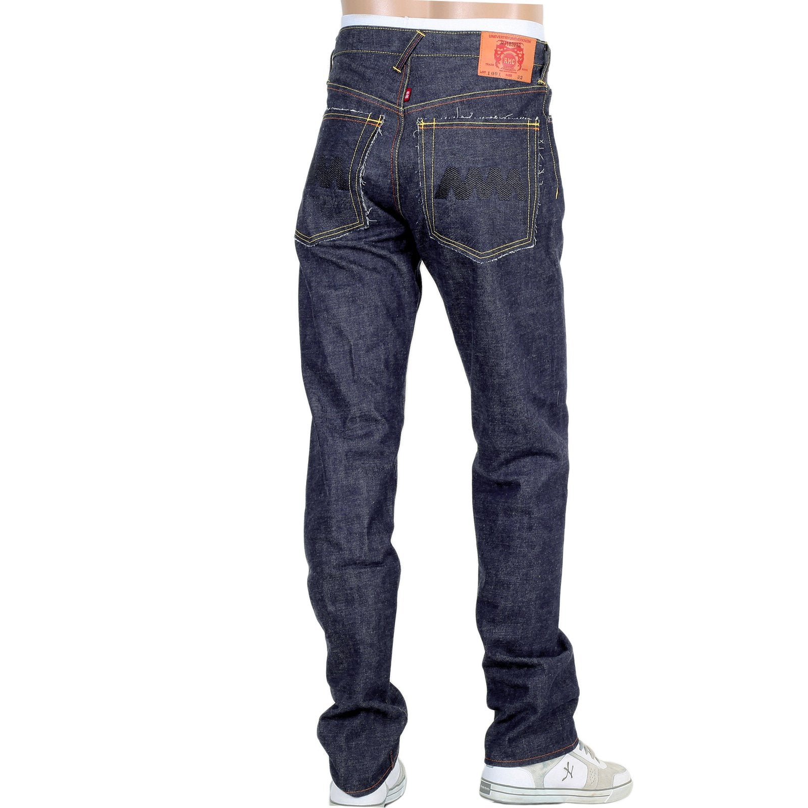 RMC JEANS MENS JAPANESE SELVEDGE 4A V1 SLIM INDIGO RAW DENIM JEANS WITH BLACK 4A EMBROIDERED BACK POCKETS RMC1921