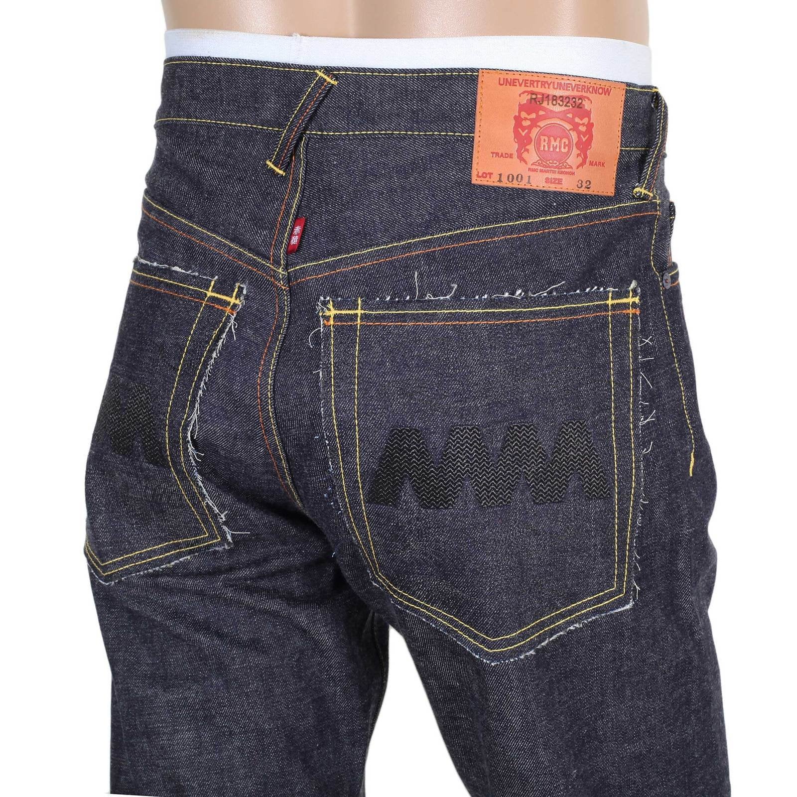 RMC JEANS MENS JAPANESE SELVEDGE 4A V1 SLIM INDIGO RAW DENIM JEANS WITH BLACK 4A EMBROIDERED BACK POCKETS RMC1921