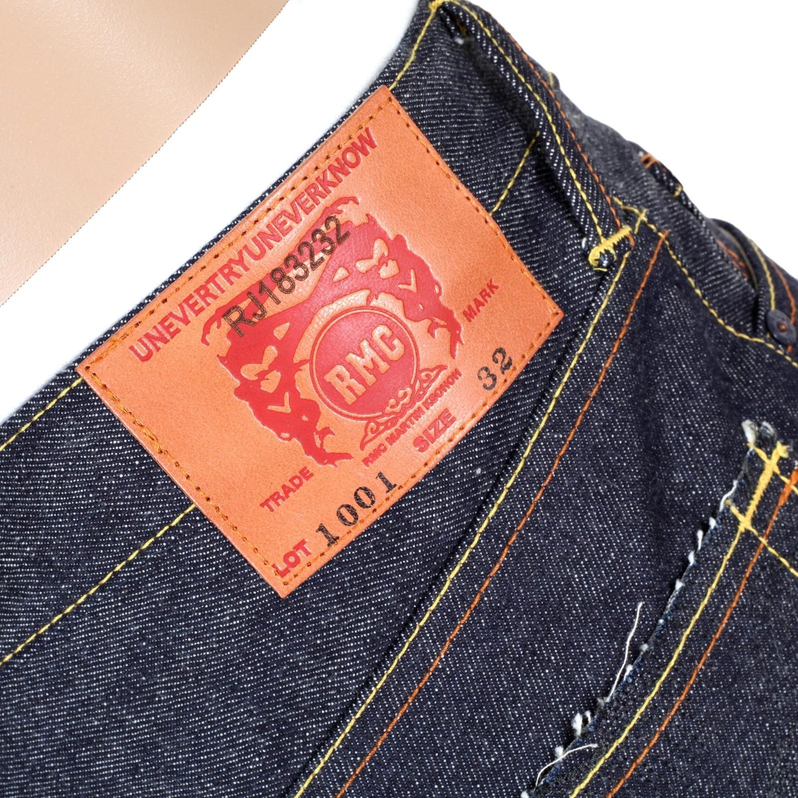 RMC JEANS MENS JAPANESE SELVEDGE 4A V1 SLIM INDIGO RAW DENIM JEANS WITH BLACK 4A EMBROIDERED BACK POCKETS RMC1921