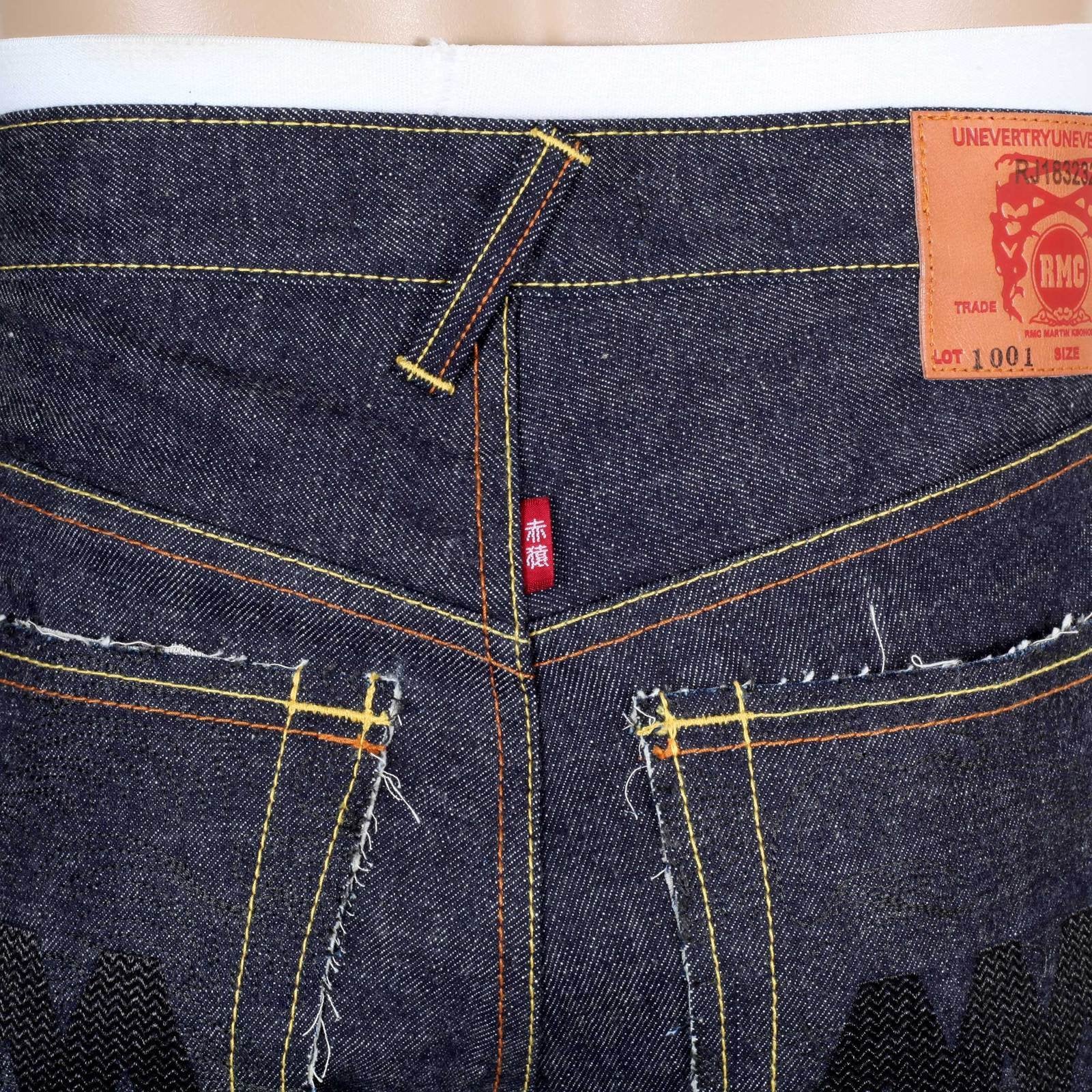 RMC JEANS MENS JAPANESE SELVEDGE 4A V1 SLIM INDIGO RAW DENIM JEANS WITH BLACK 4A EMBROIDERED BACK POCKETS RMC1921