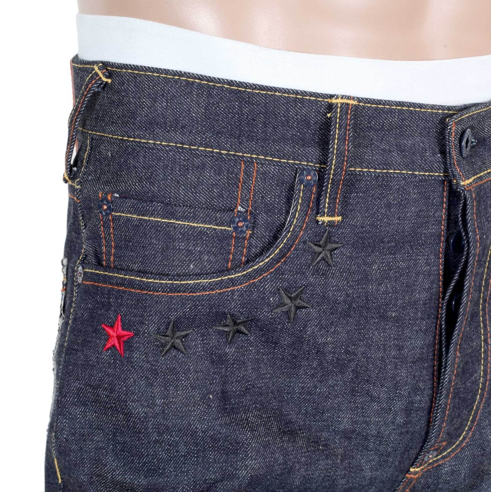 RMC JEANS MENS JAPANESE SELVEDGE 4A V1 SLIM INDIGO RAW DENIM JEANS WITH BLACK 4A EMBROIDERED BACK POCKETS RMC1921