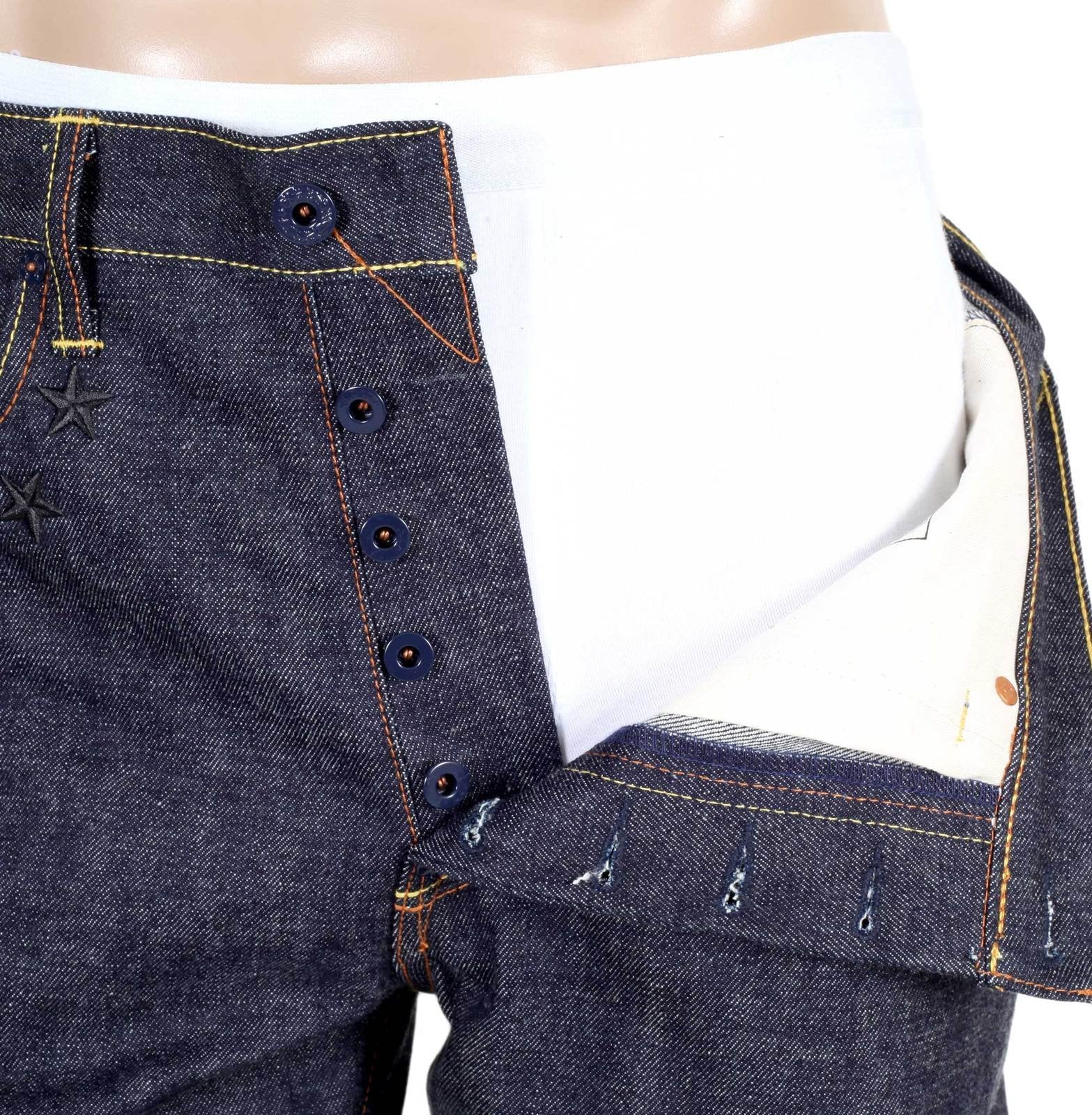 RMC JEANS MENS JAPANESE SELVEDGE 4A V1 SLIM INDIGO RAW DENIM JEANS WITH BLACK 4A EMBROIDERED BACK POCKETS RMC1921