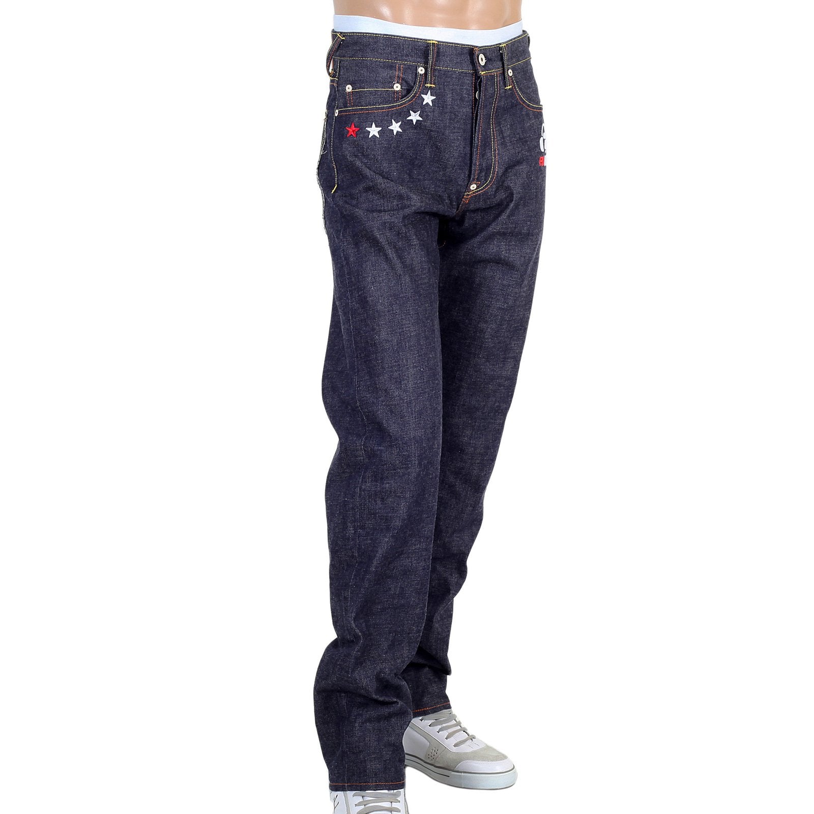 RMC JEANS MENS JAPANESE SELVEDGE 4A V1 SLIM INDIGO RAW DENIM JEANS WITH WHITE 4A EMBROIDERED BACK POCKETS RMC1922
