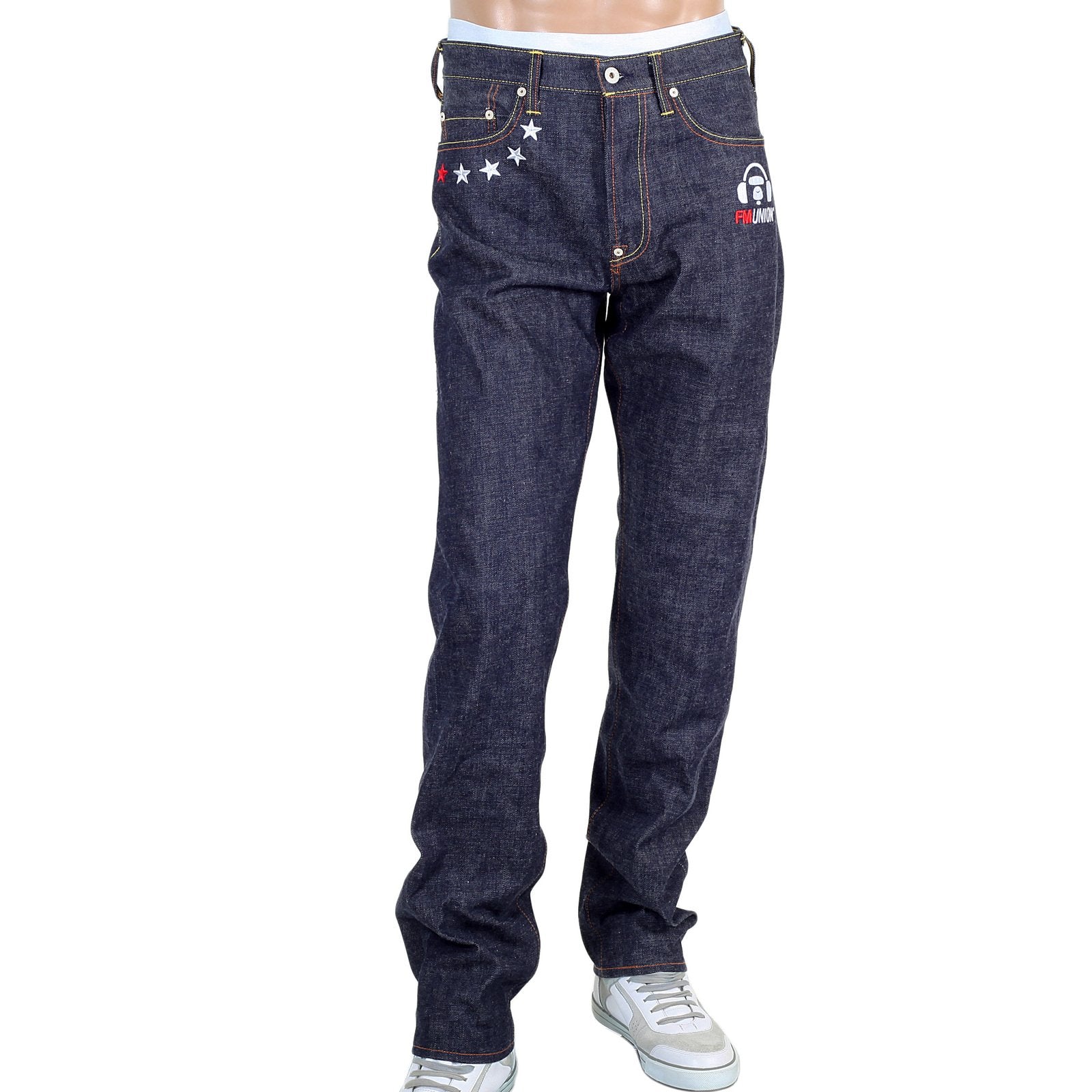 RMC JEANS MENS JAPANESE SELVEDGE 4A V1 SLIM INDIGO RAW DENIM JEANS WITH WHITE 4A EMBROIDERED BACK POCKETS RMC1922