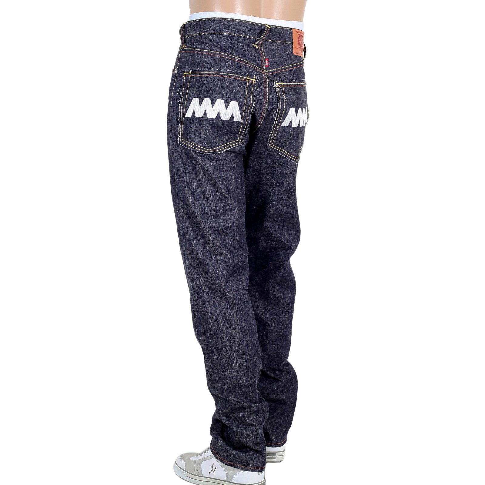 RMC JEANS MENS JAPANESE SELVEDGE 4A V1 SLIM INDIGO RAW DENIM JEANS WITH WHITE 4A EMBROIDERED BACK POCKETS RMC1922