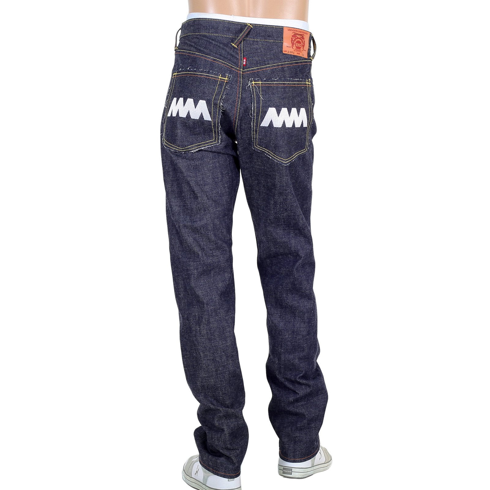 RMC JEANS MENS JAPANESE SELVEDGE 4A V1 SLIM INDIGO RAW DENIM JEANS WITH WHITE 4A EMBROIDERED BACK POCKETS RMC1922