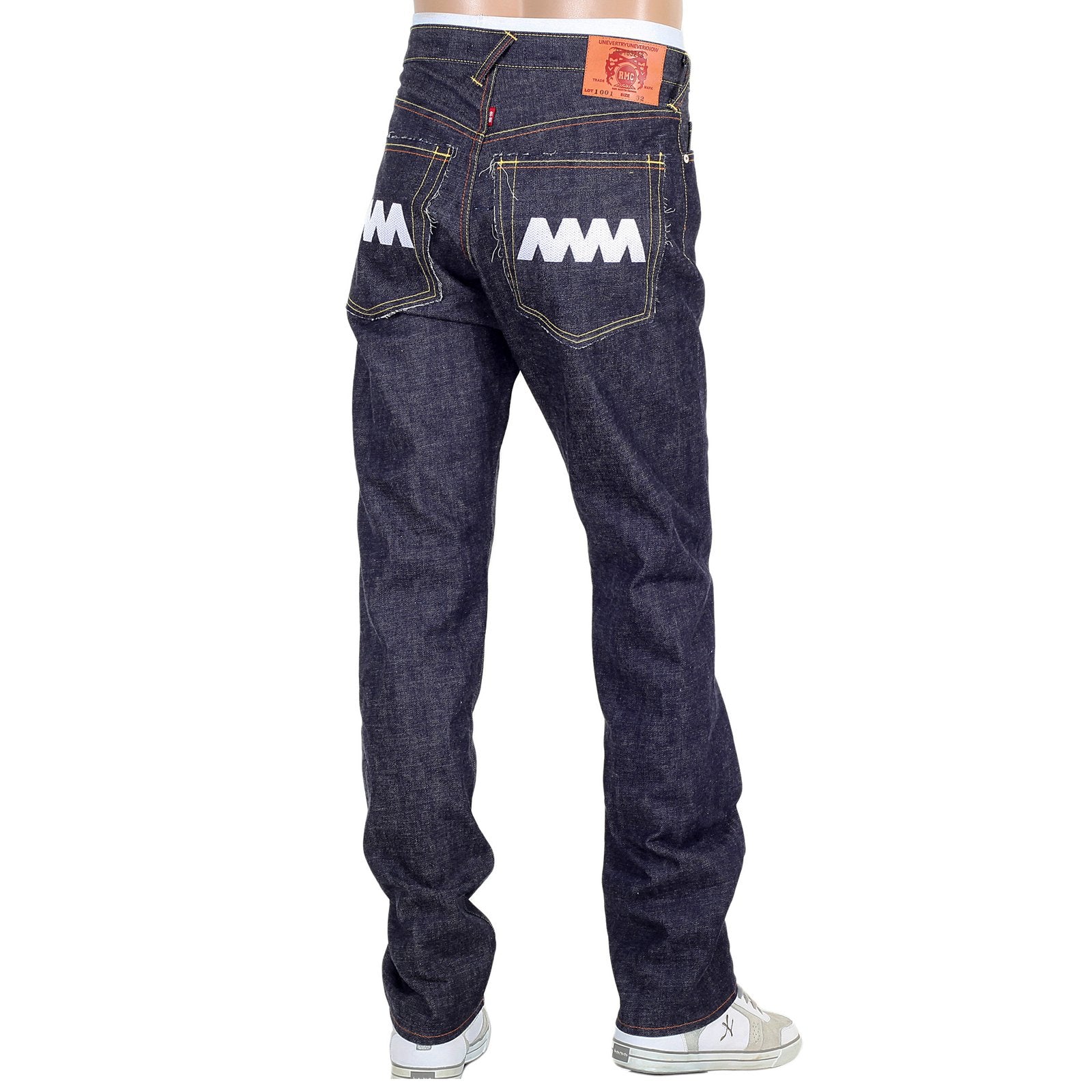 RMC JEANS MENS JAPANESE SELVEDGE 4A V1 SLIM INDIGO RAW DENIM JEANS WITH WHITE 4A EMBROIDERED BACK POCKETS RMC1922