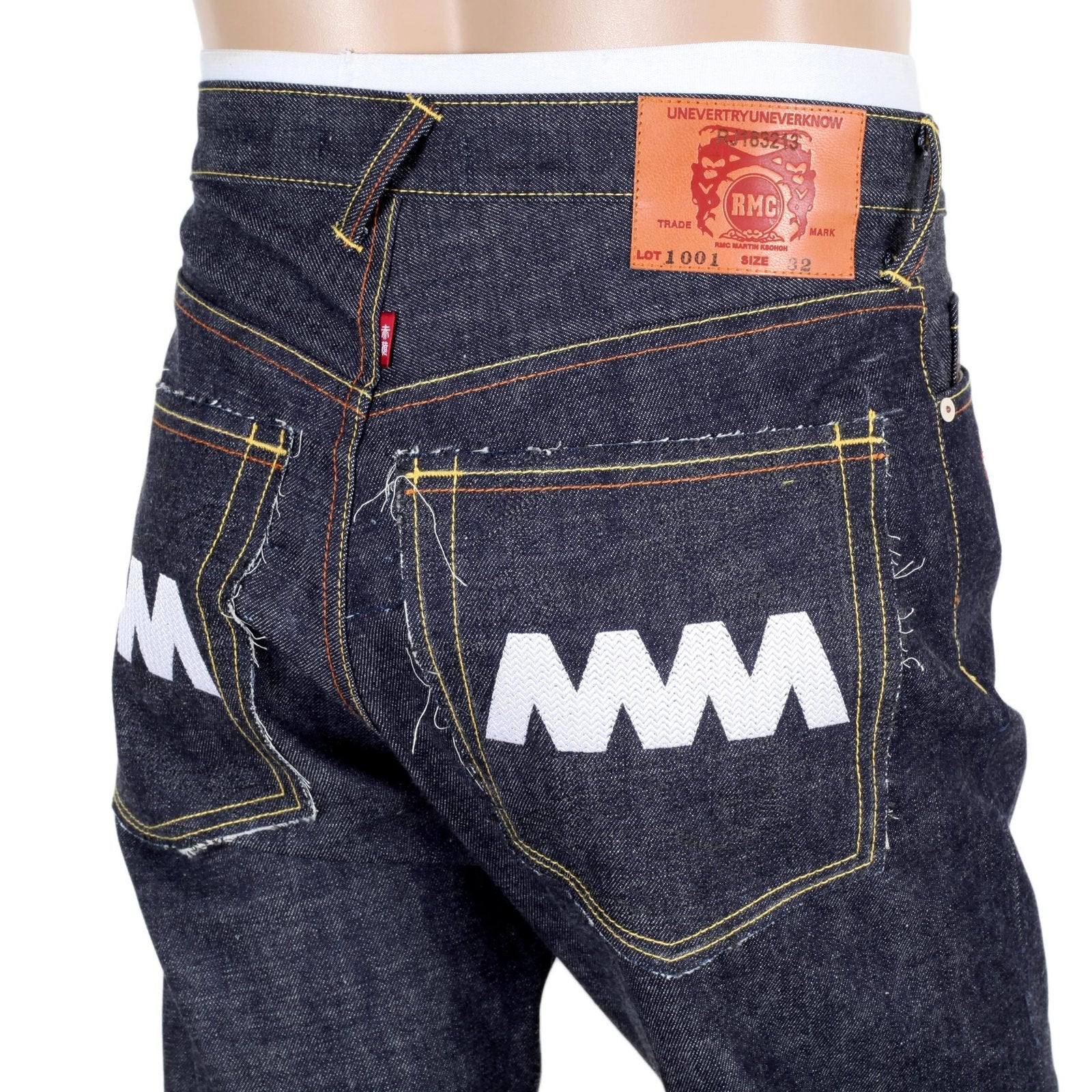 RMC JEANS MENS JAPANESE SELVEDGE 4A V1 SLIM INDIGO RAW DENIM JEANS WITH WHITE 4A EMBROIDERED BACK POCKETS RMC1922