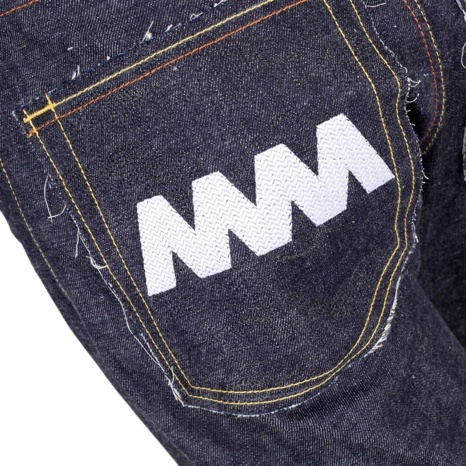 RMC JEANS MENS JAPANESE SELVEDGE 4A V1 SLIM INDIGO RAW DENIM JEANS WITH WHITE 4A EMBROIDERED BACK POCKETS RMC1922