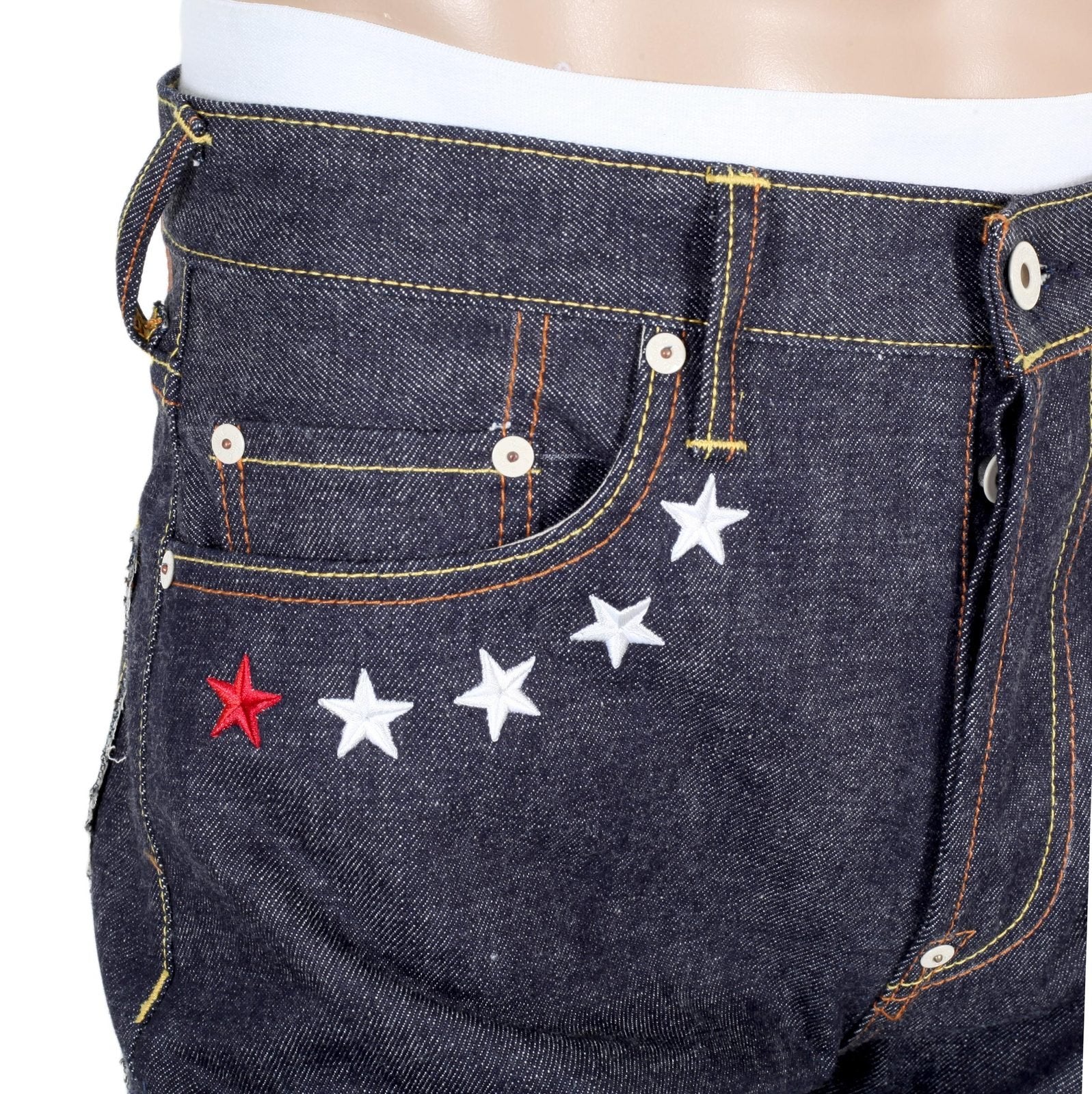 RMC JEANS MENS JAPANESE SELVEDGE 4A V1 SLIM INDIGO RAW DENIM JEANS WITH WHITE 4A EMBROIDERED BACK POCKETS RMC1922