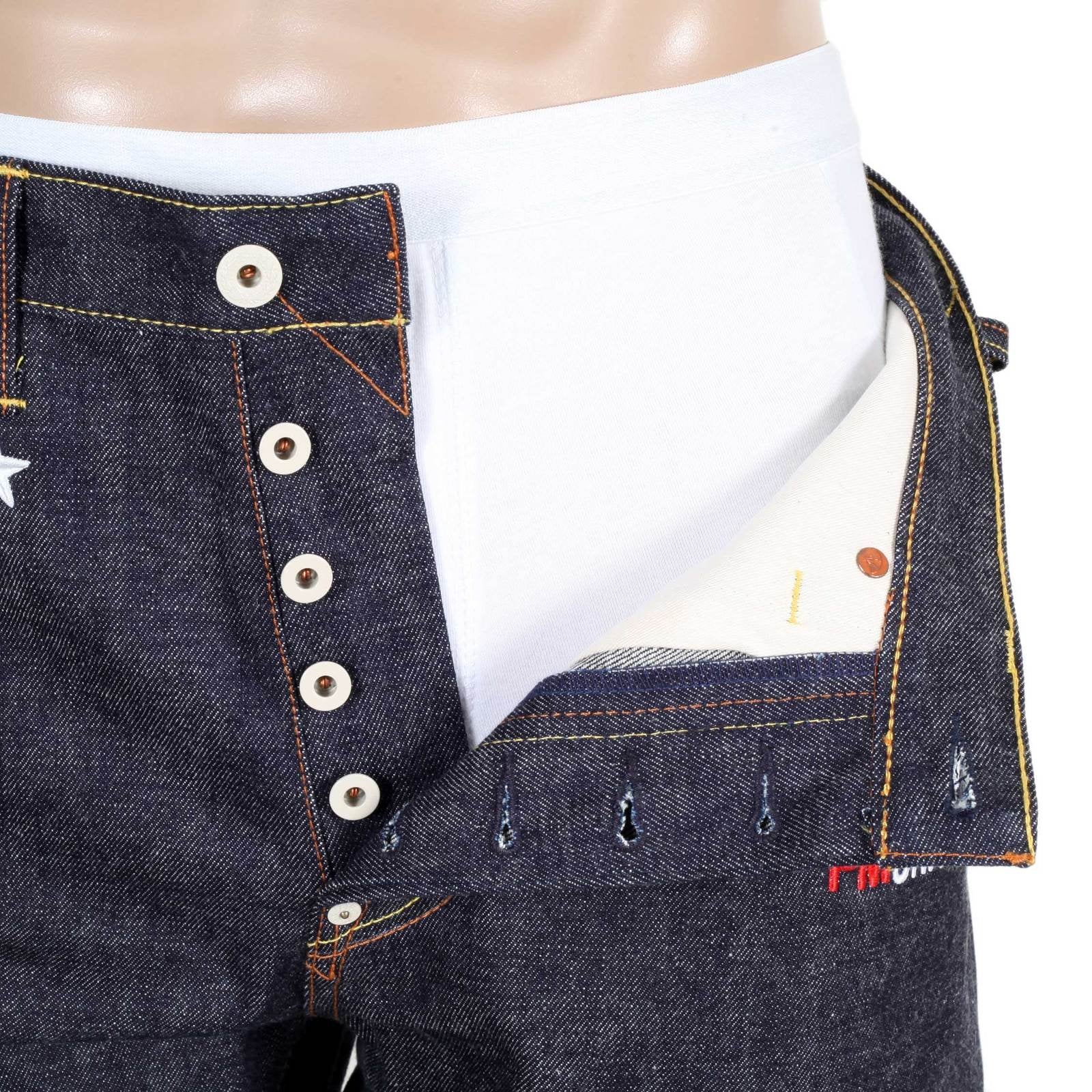 RMC JEANS MENS JAPANESE SELVEDGE 4A V1 SLIM INDIGO RAW DENIM JEANS WITH WHITE 4A EMBROIDERED BACK POCKETS RMC1922