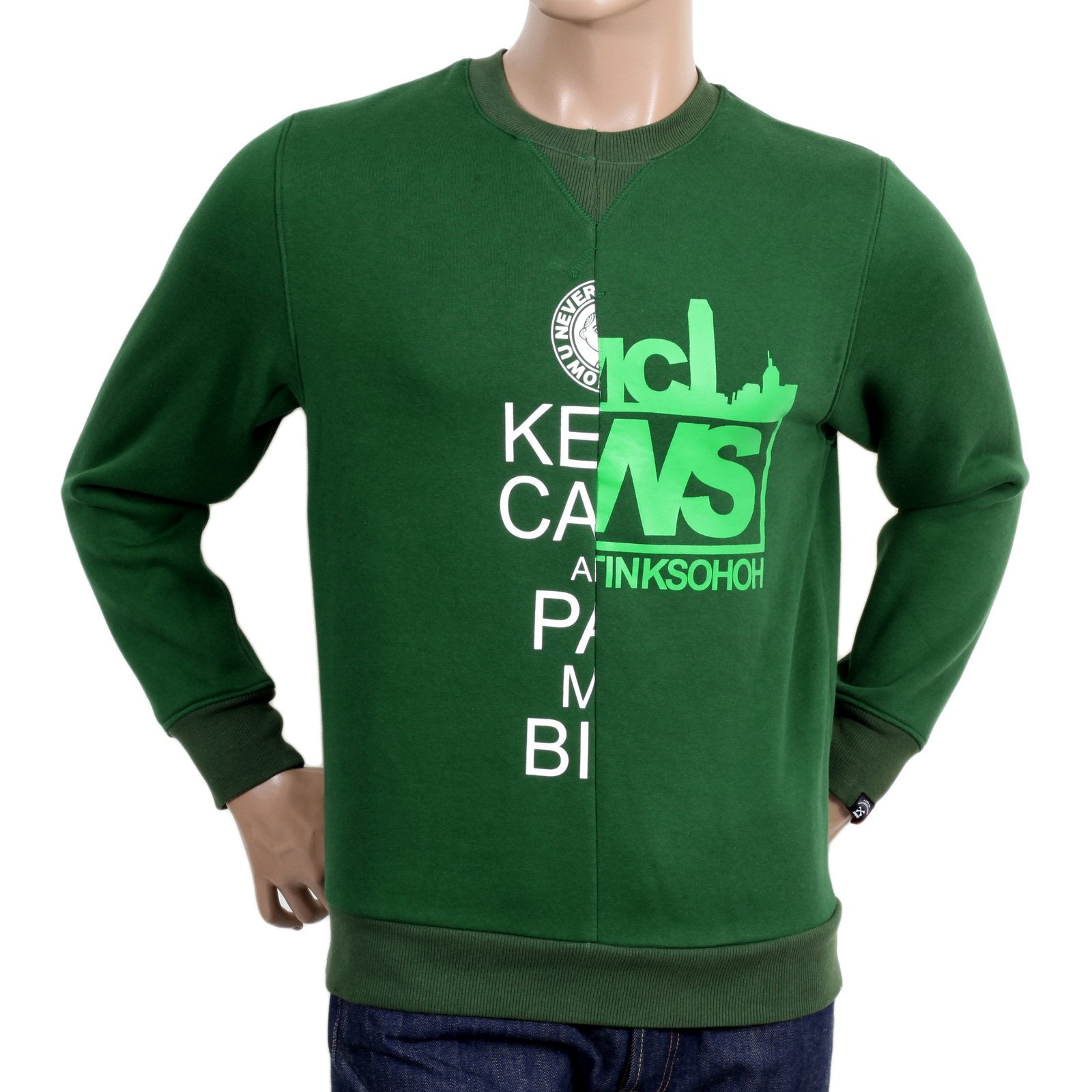 RMC JEANS GREEN COTTON CUSTOM MADE REGULAR FIT CREW NECK SWEATSHIRT WITH MIXED PRINTED LOGO REDM4425