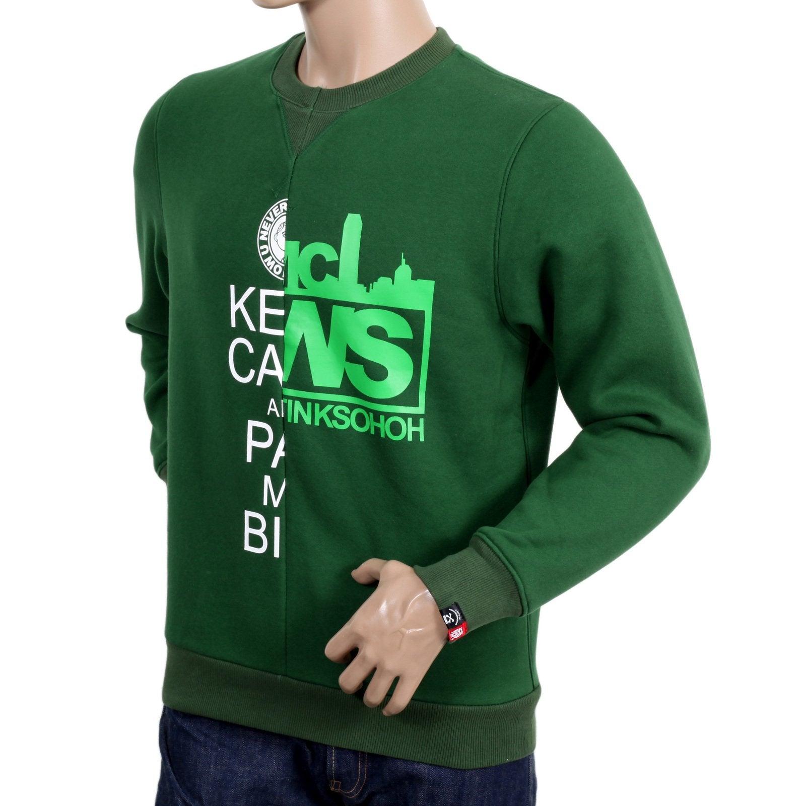 RMC JEANS GREEN COTTON CUSTOM MADE REGULAR FIT CREW NECK SWEATSHIRT WITH MIXED PRINTED LOGO REDM4425