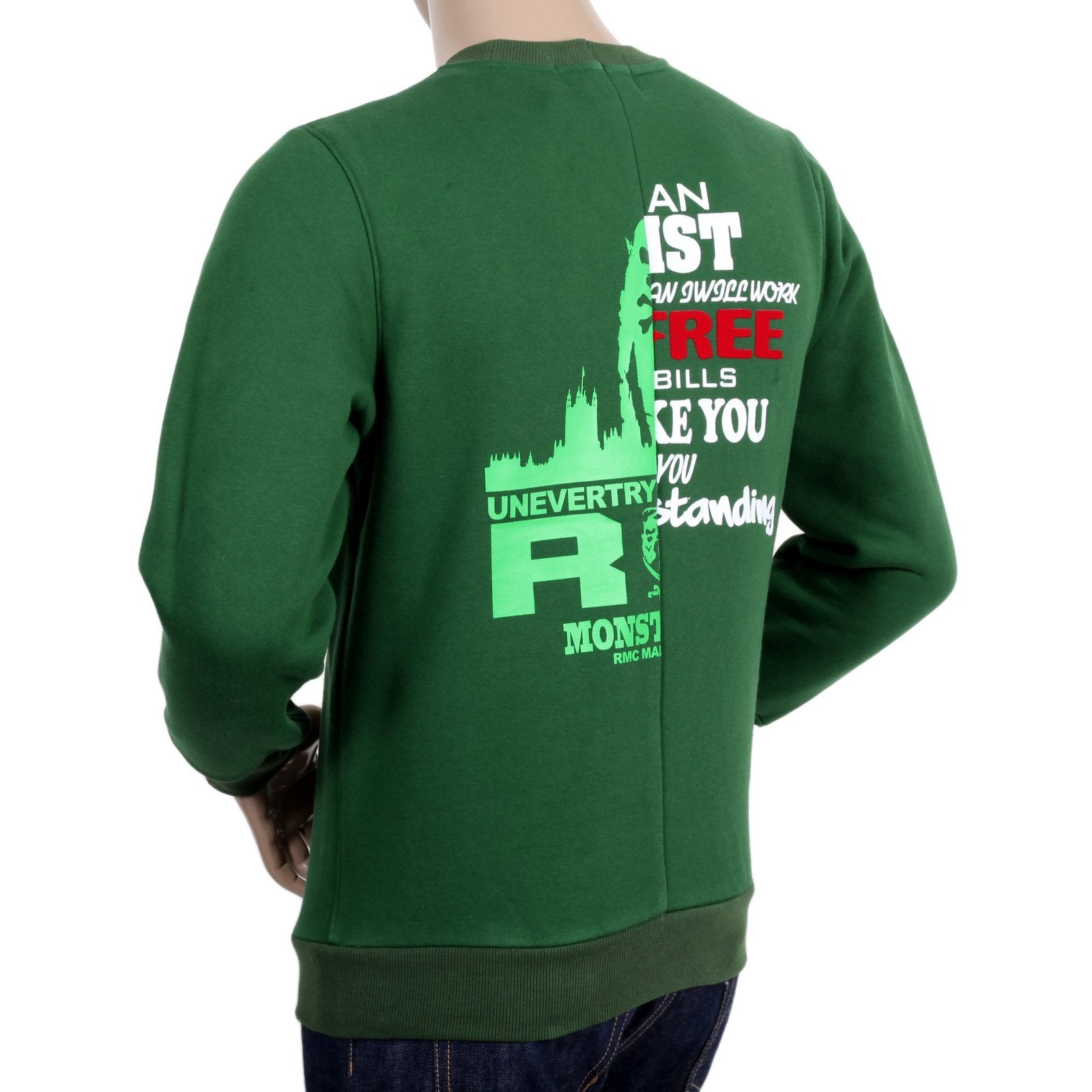 RMC JEANS GREEN COTTON CUSTOM MADE REGULAR FIT CREW NECK SWEATSHIRT WITH MIXED PRINTED LOGO REDM4425