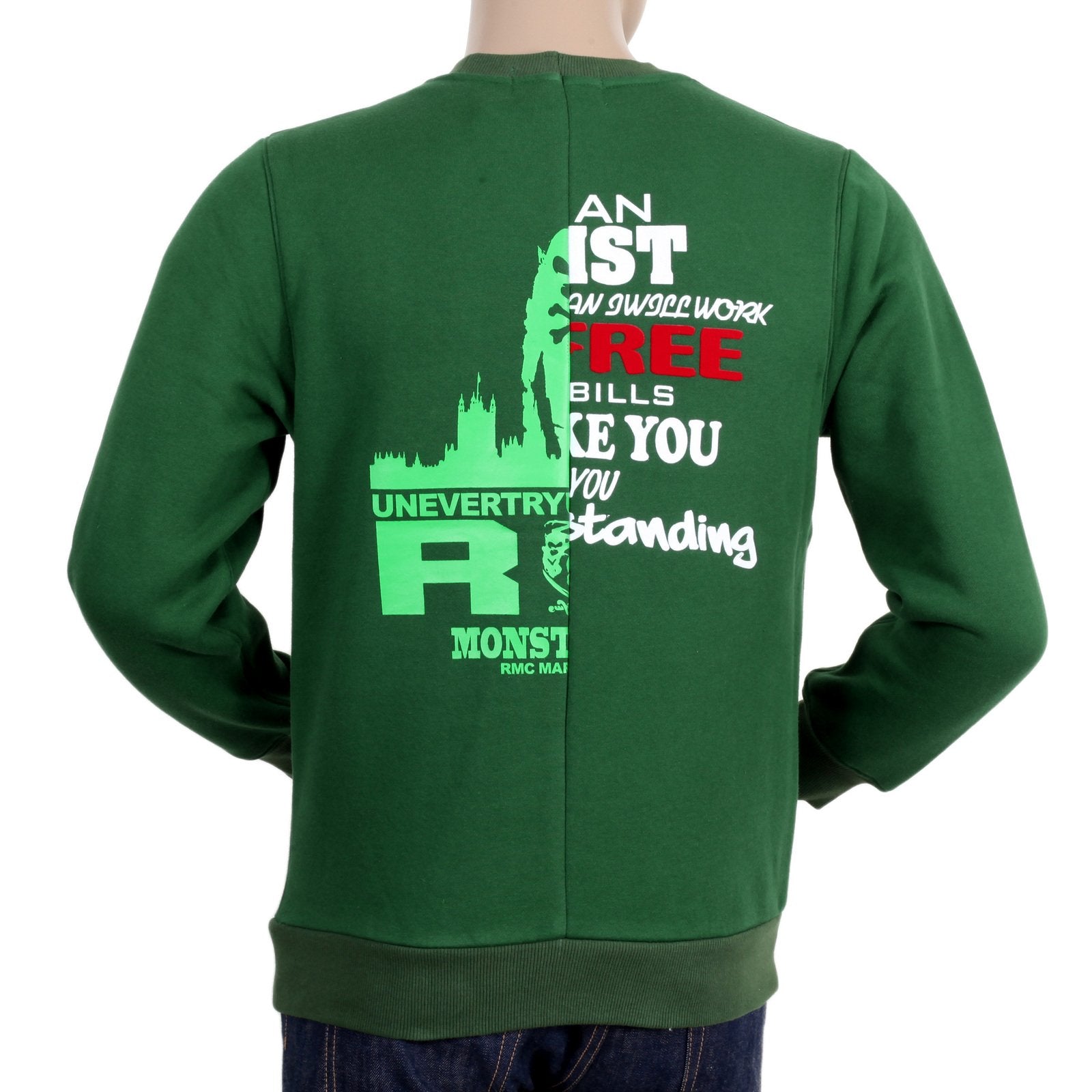 RMC JEANS GREEN COTTON CUSTOM MADE REGULAR FIT CREW NECK SWEATSHIRT WITH MIXED PRINTED LOGO REDM4425