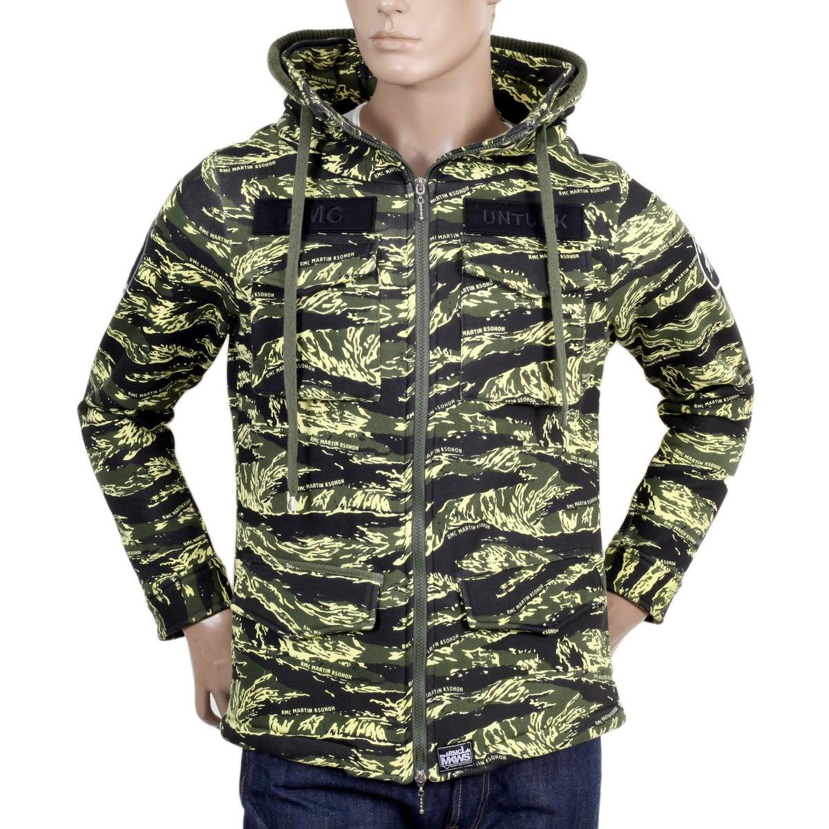 RMC MARTIN KSOHOH GREEN TIGER TEA CAMO RQJ14037 HOODED DOUBLE ZIP COTTON SWEAT JACKET WITH HIGH COLLAR REDM4418
