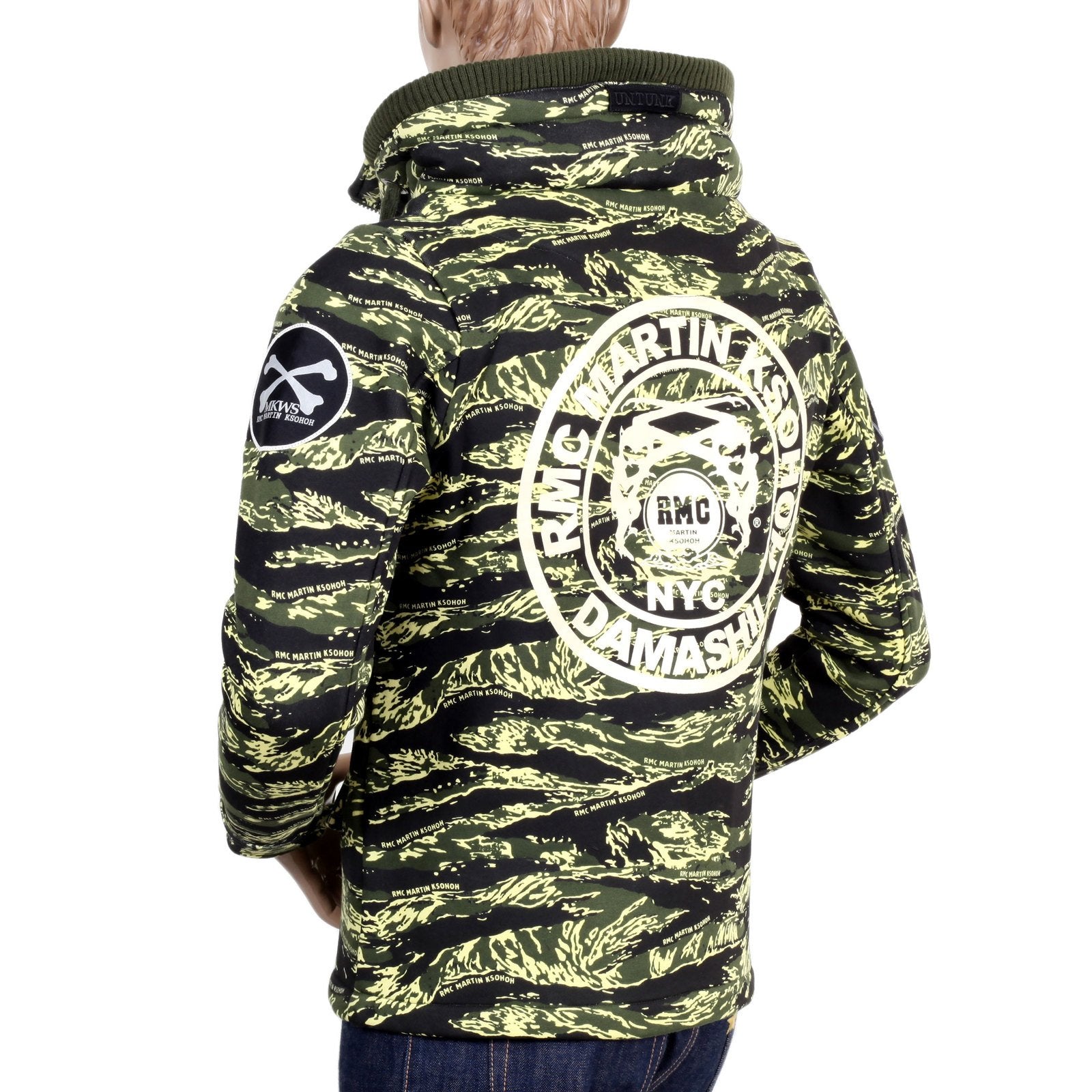 RMC MARTIN KSOHOH GREEN TIGER TEA CAMO RQJ14037 HOODED DOUBLE ZIP COTTON SWEAT JACKET WITH HIGH COLLAR REDM4418