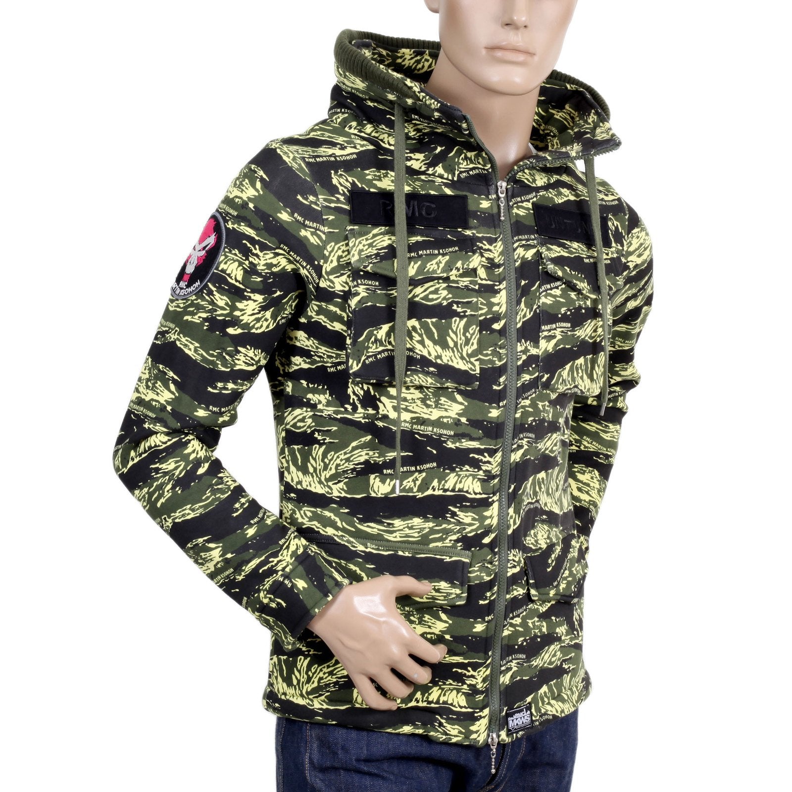 RMC MARTIN KSOHOH GREEN TIGER TEA CAMO RQJ14037 HOODED DOUBLE ZIP COTTON SWEAT JACKET WITH HIGH COLLAR REDM4418