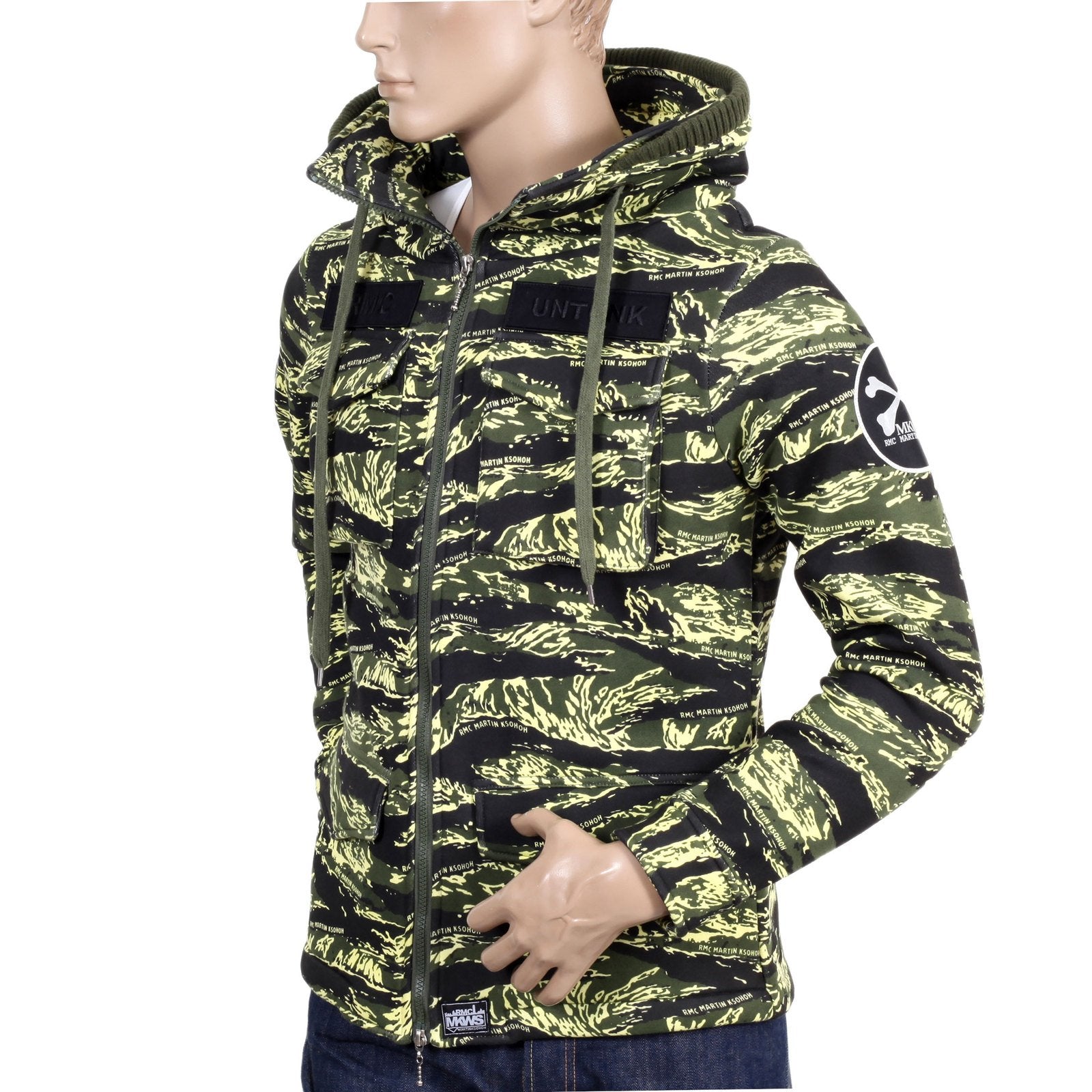 RMC MARTIN KSOHOH GREEN TIGER TEA CAMO RQJ14037 HOODED DOUBLE ZIP COTTON SWEAT JACKET WITH HIGH COLLAR REDM4418