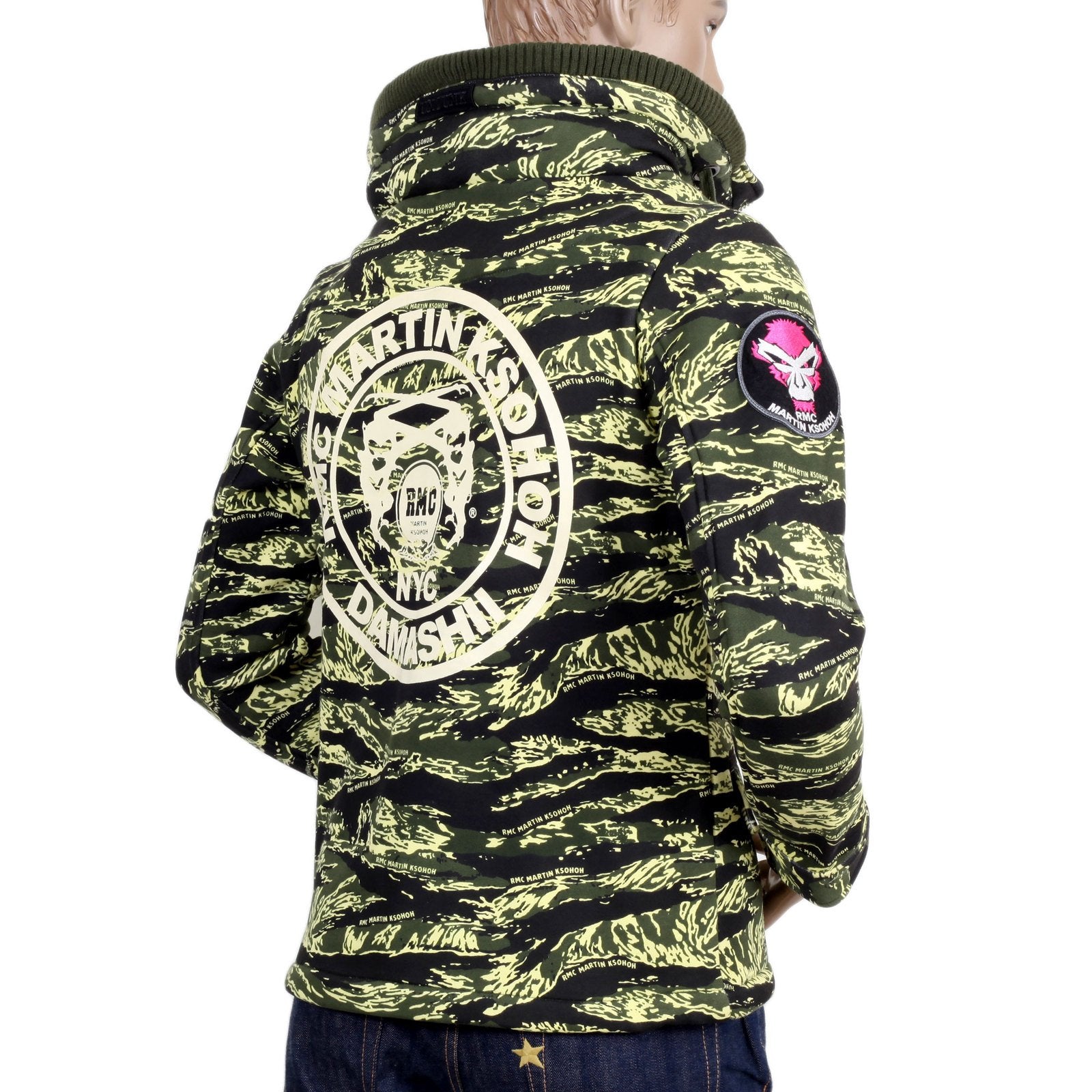 RMC MARTIN KSOHOH GREEN TIGER TEA CAMO RQJ14037 HOODED DOUBLE ZIP COTTON SWEAT JACKET WITH HIGH COLLAR REDM4418
