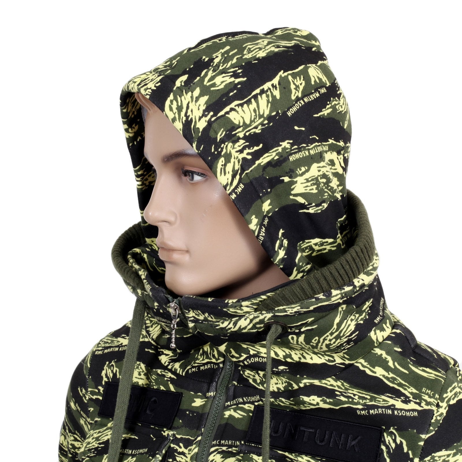 RMC MARTIN KSOHOH GREEN TIGER TEA CAMO RQJ14037 HOODED DOUBLE ZIP COTTON SWEAT JACKET WITH HIGH COLLAR REDM4418
