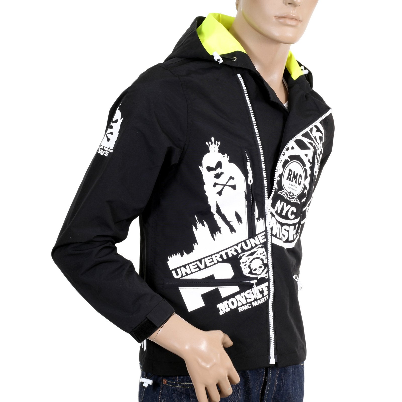 RMC JEANS FUNCTIONAL MONSTER RIDER ZIPPED RQJ14021 MENS REGULAR FIT NYLON HOODED JACKET IN BLACK REDM4420