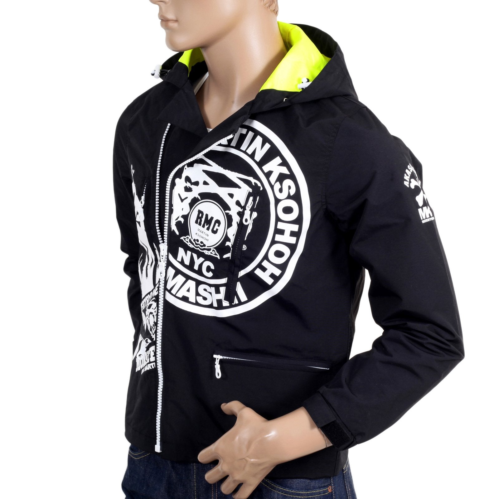 RMC JEANS FUNCTIONAL MONSTER RIDER ZIPPED RQJ14021 MENS REGULAR FIT NYLON HOODED JACKET IN BLACK REDM4420