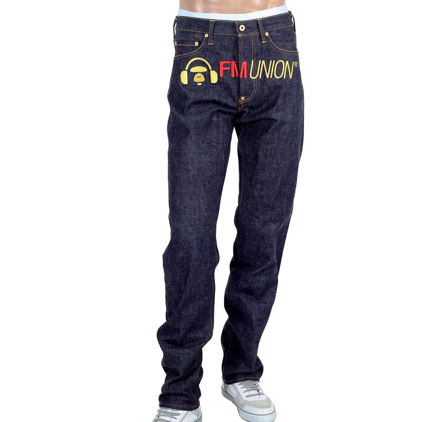 RMC GOLD EMBROIDERED 4A FM UNION VERSION 2 INDIGO RAW MODEL 1001 SLIM SELVEDGE MENS DENIM JEANS RMC1923