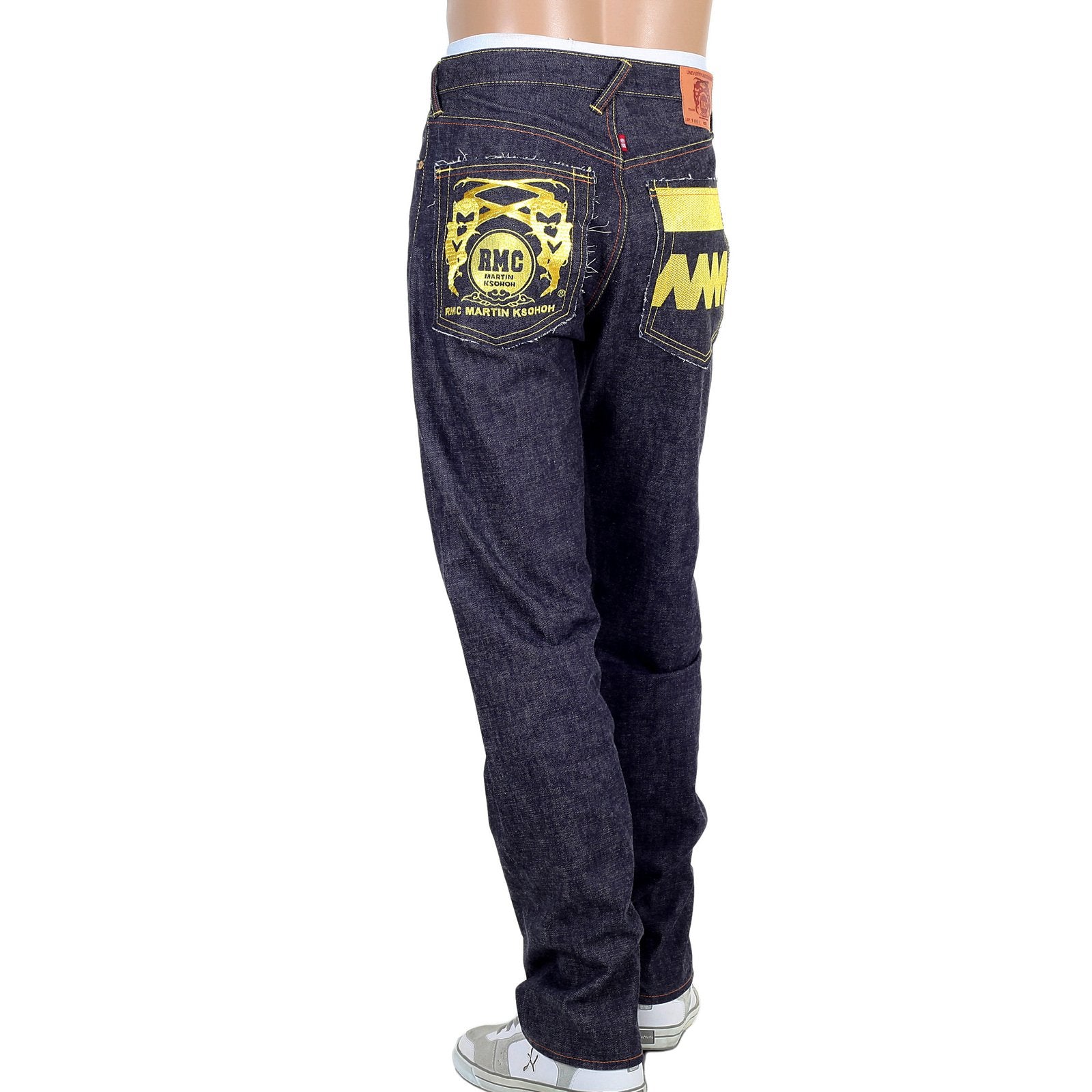RMC GOLD EMBROIDERED 4A FM UNION VERSION 2 INDIGO RAW MODEL 1001 SLIM SELVEDGE MENS DENIM JEANS RMC1923
